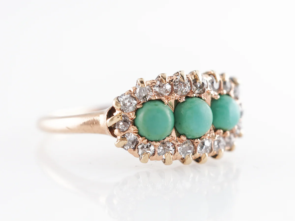 Victorian Cabochon Turquoise & Diamond Cocktail Ring 14k - Image 3