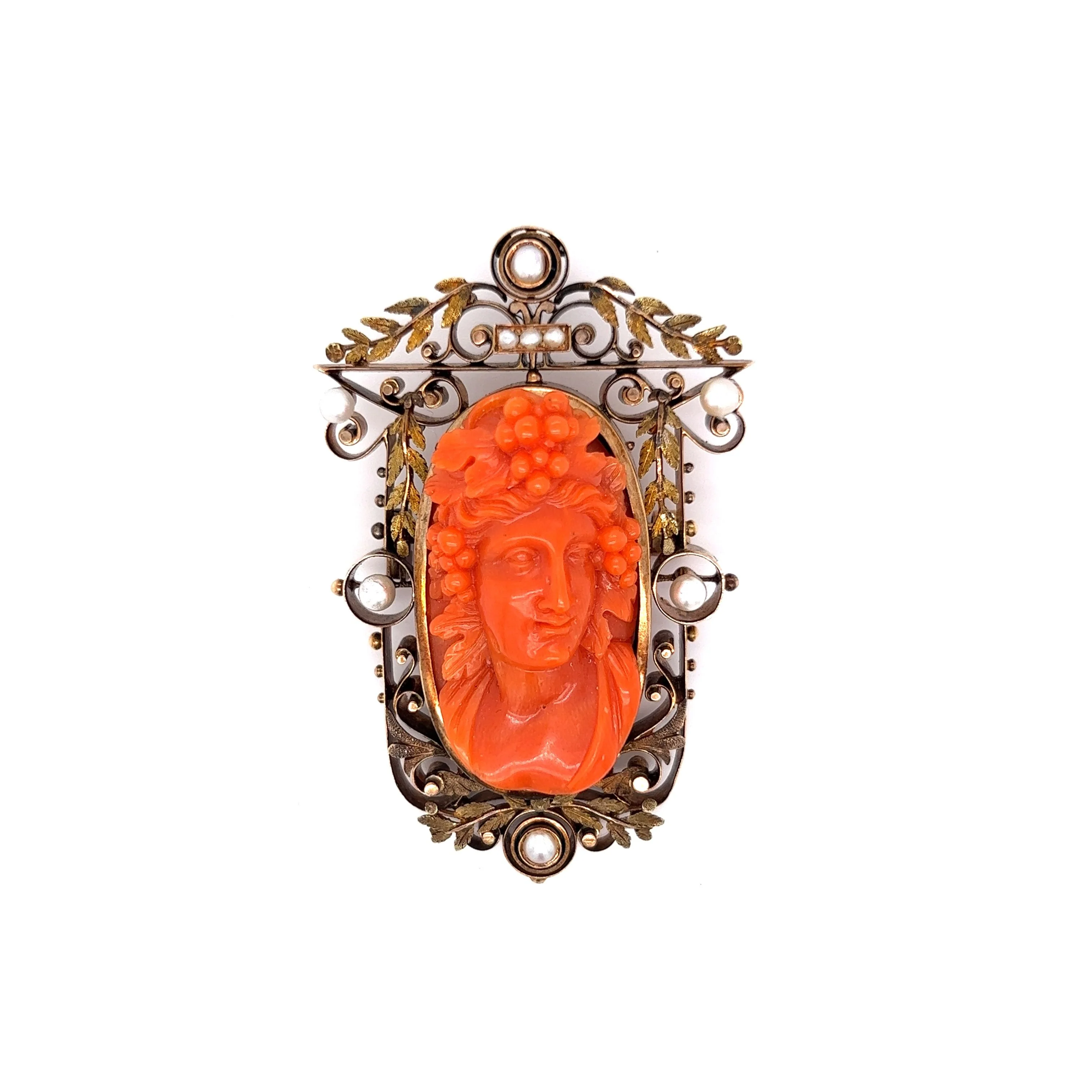 Victorian Carved Coral Cameo Pendant in Yellow Gold