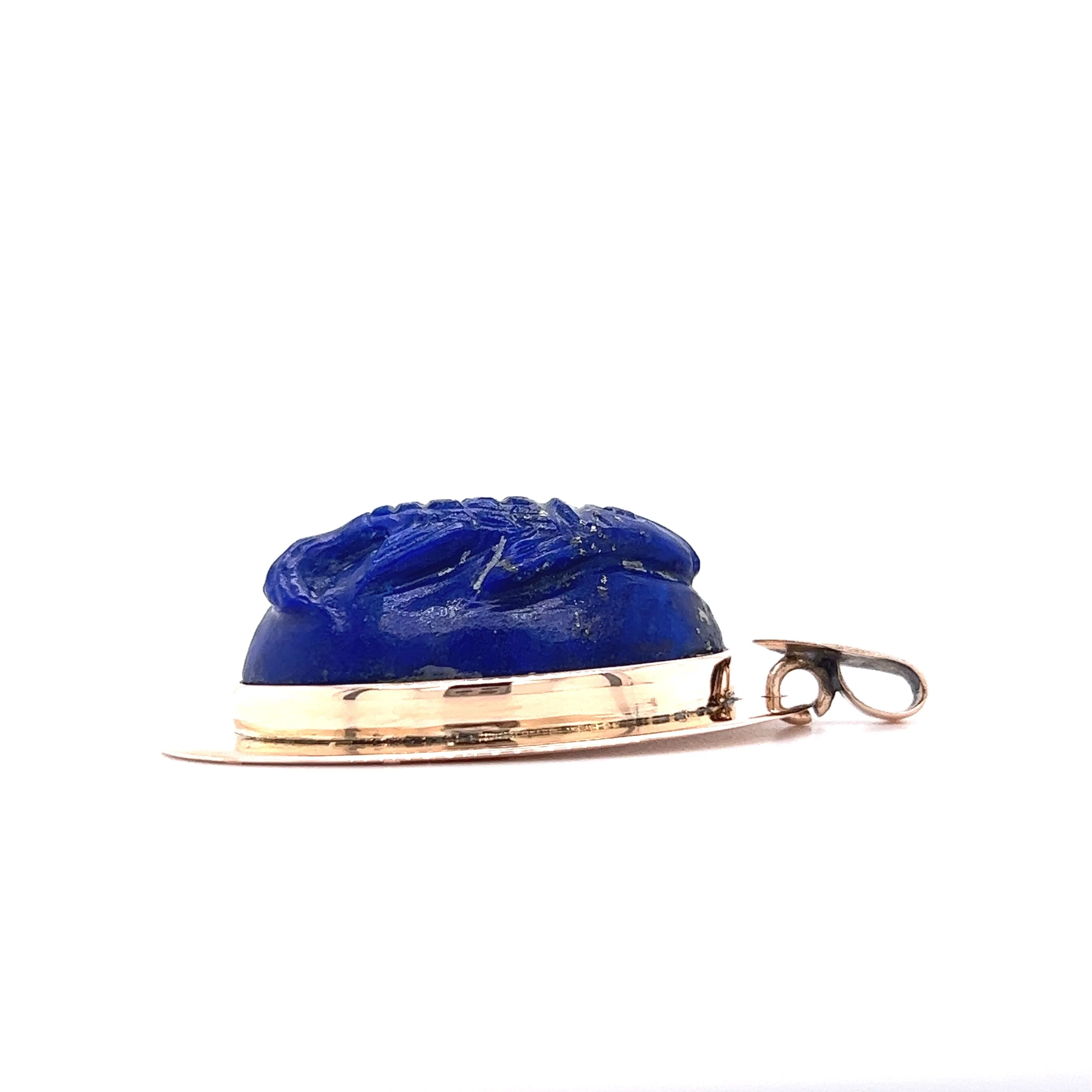 Victorian Carved Lapis Pisces Fish Pendant in 9k Yellow Gold - Image 3