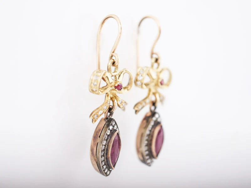 ***RTV***Victorian Dangle Drop Earrings Retro 1.10 Marquise Cut Rubies in 14k & 22k Yellow Gold - Image 2