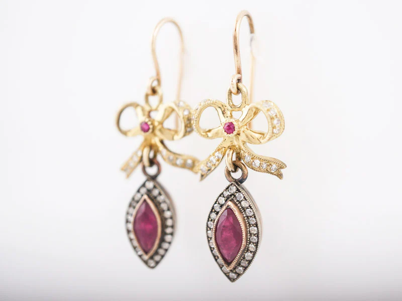 ***RTV***Victorian Dangle Drop Earrings Retro 1.10 Marquise Cut Rubies in 14k & 22k Yellow Gold - Image 3