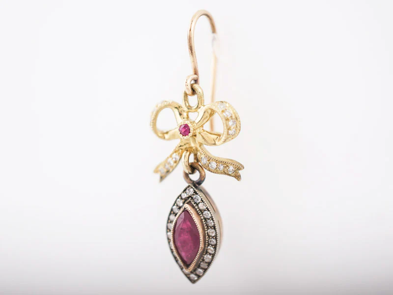 ***RTV***Victorian Dangle Drop Earrings Retro 1.10 Marquise Cut Rubies in 14k & 22k Yellow Gold - Image 4
