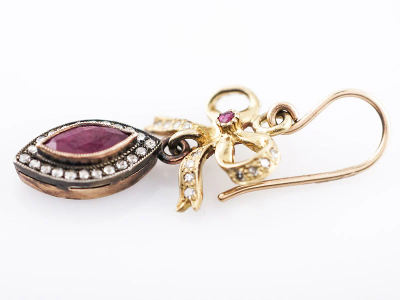 ***RTV***Victorian Dangle Drop Earrings Retro 1.10 Marquise Cut Rubies in 14k & 22k Yellow Gold - Image 5
