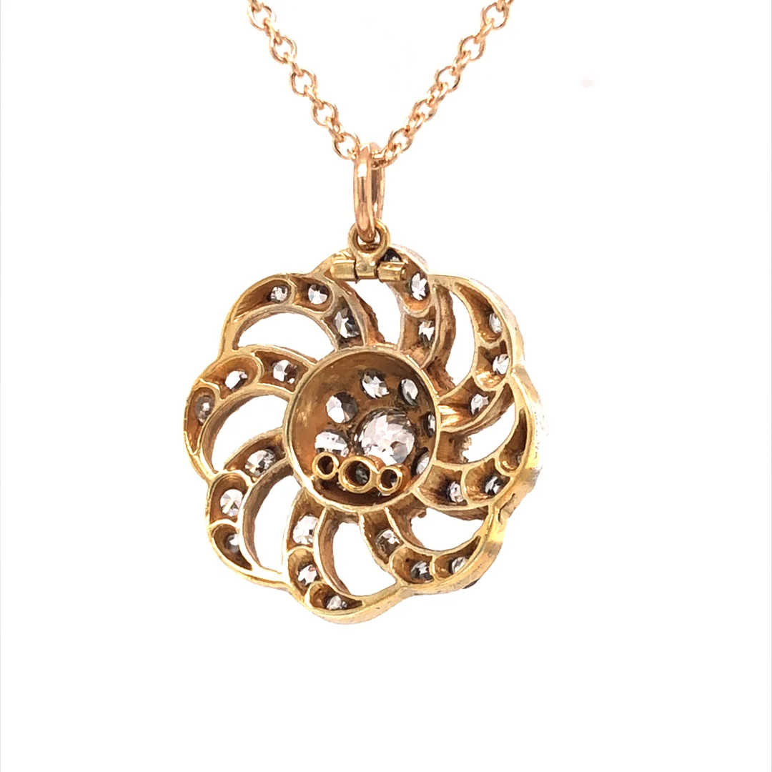 Victorian Diamond Flower Pendant Necklace in 14k Yellow Gold - Image 3