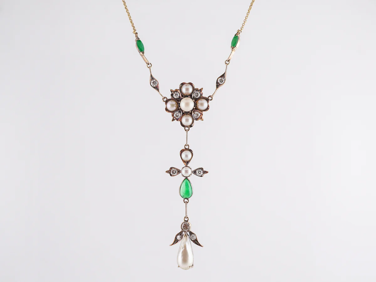 Victorian Diamond & Jade Necklace w/ Pearls in 18k Yellow Gold