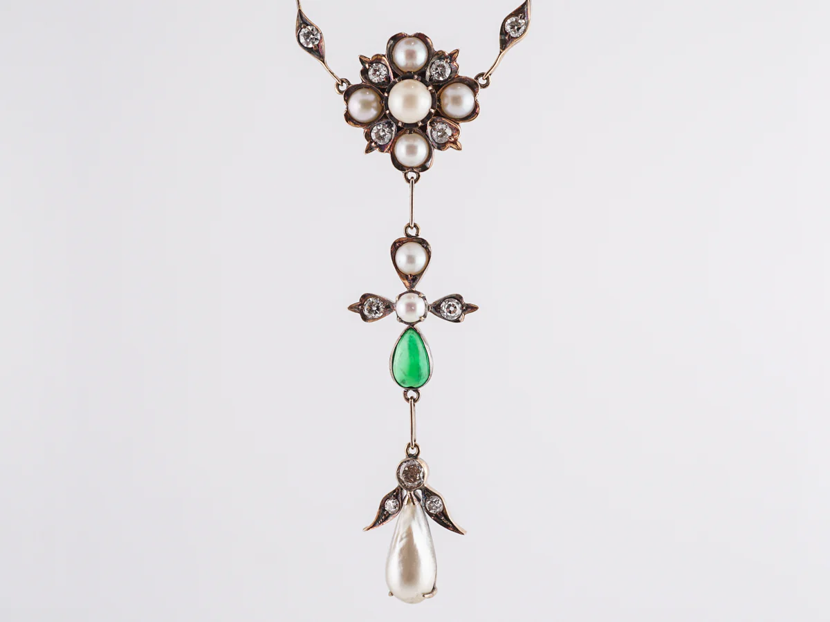Victorian Diamond & Jade Necklace w/ Pearls in 18k Yellow Gold - Image 2