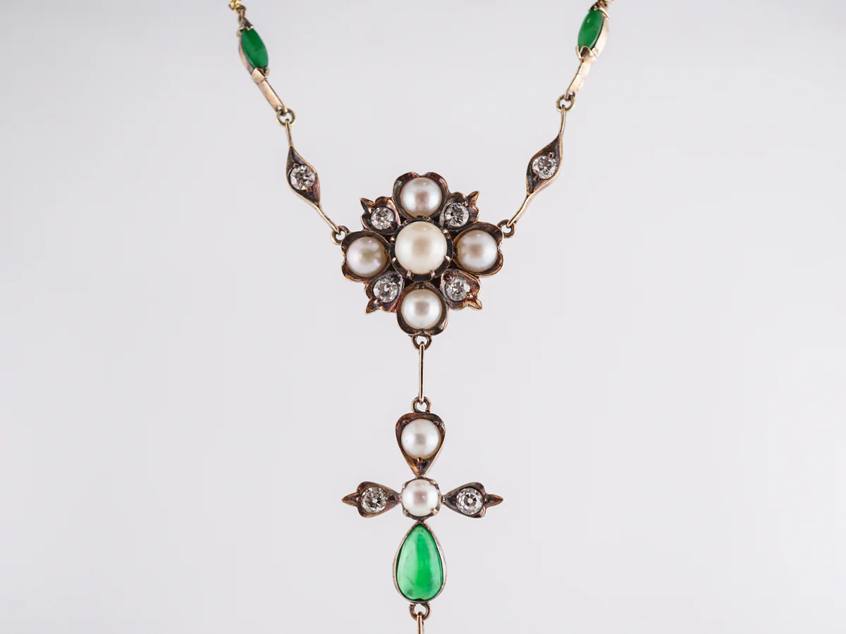 Victorian Diamond & Jade Necklace w/ Pearls in 18k Yellow Gold - Image 3