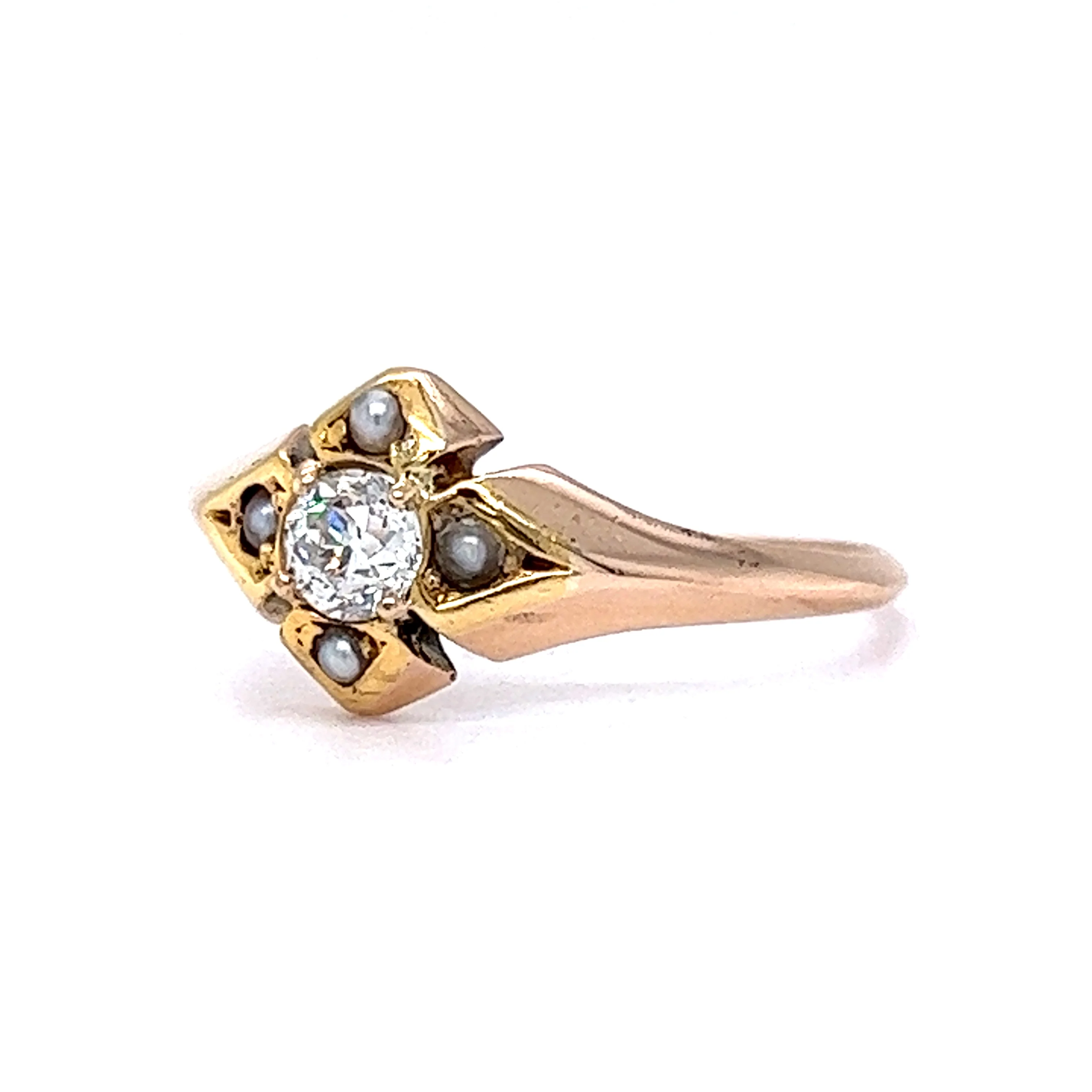 Victorian Diamond & Seed Pearl Ring in 14k Yellow Gold - Image 3