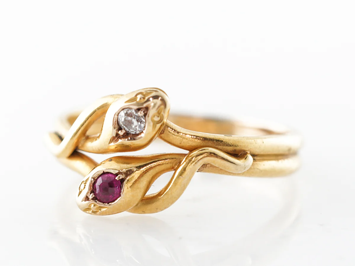 Victorian Double Snake Ring w/ Diamond & Ruby in 14k - Image 2