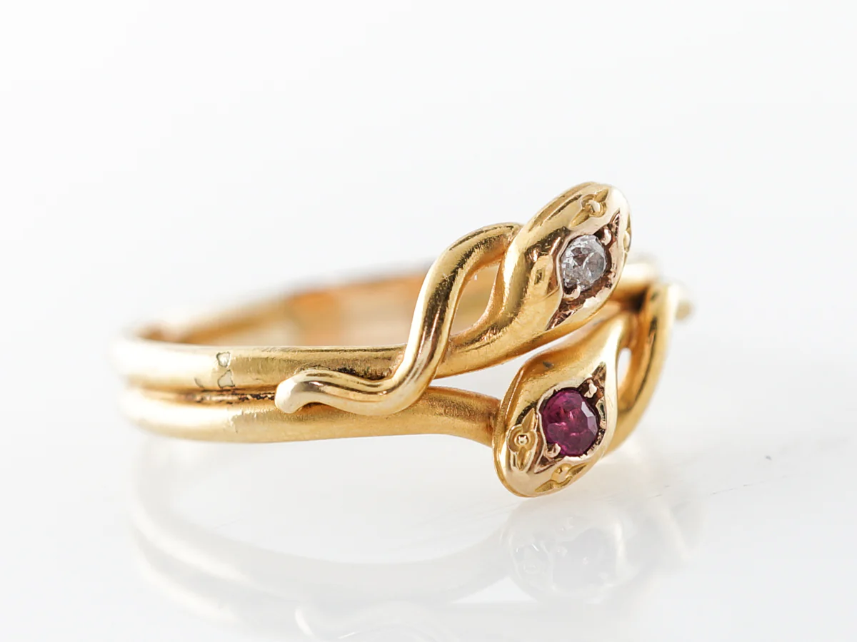 Victorian Double Snake Ring w/ Diamond & Ruby in 14k - Image 3