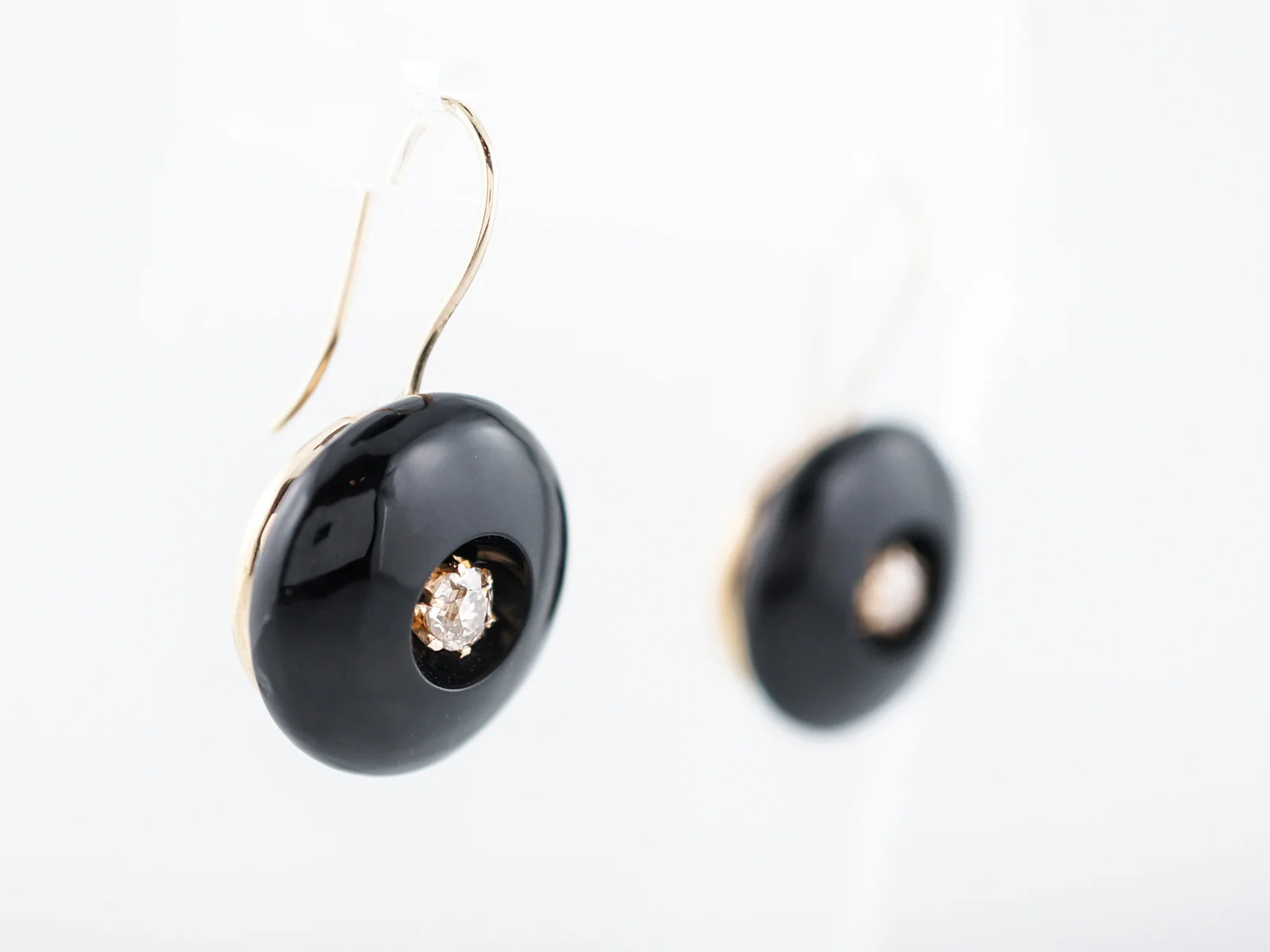 Victorian Earrings .78 Round Brilliant Cut Diamonds & Onyx in 14k Yellow Gold - Image 3