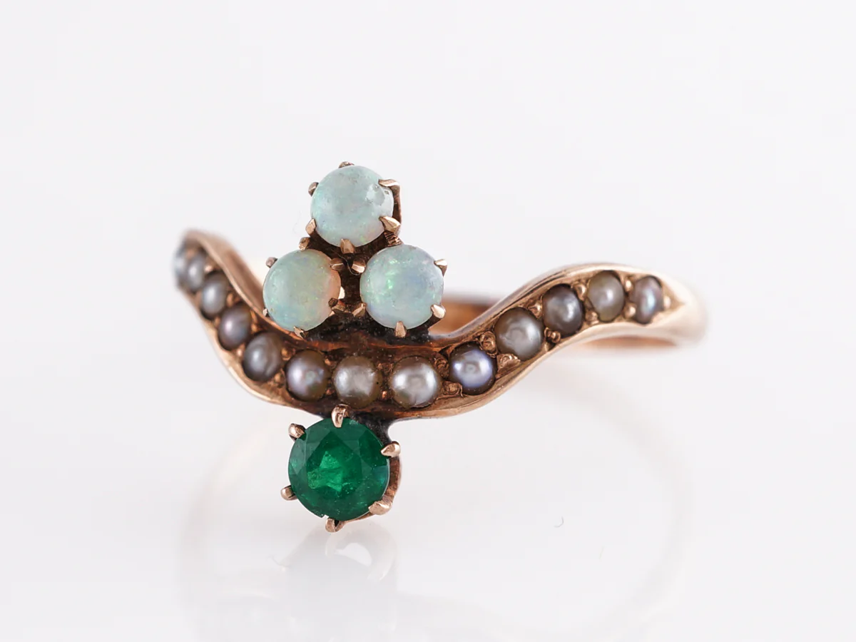 Victorian Emerald & Opal w/ Pearls Cocktail Ring in 10k - Image 2