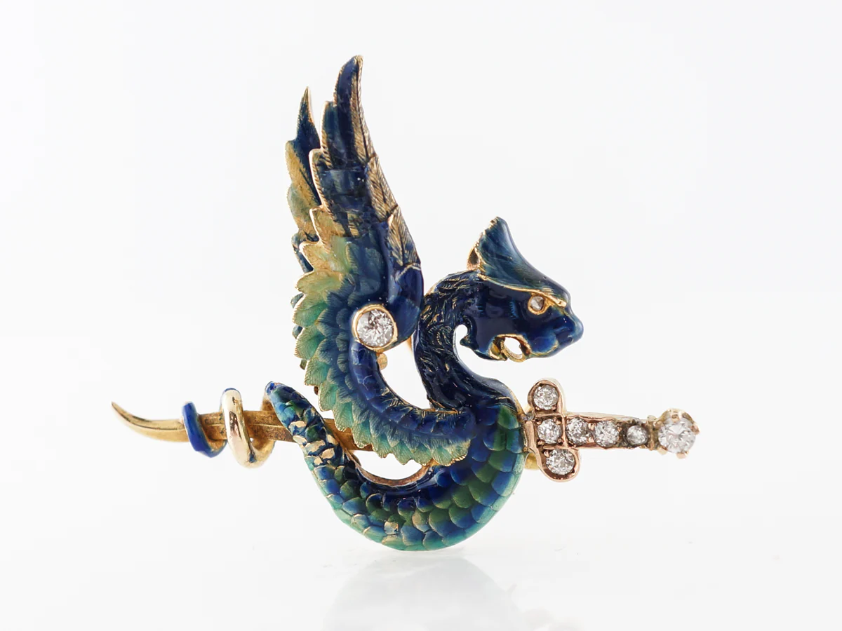 Victorian Enamel Dragon Pendant w/ Diamonds in Yellow Gold