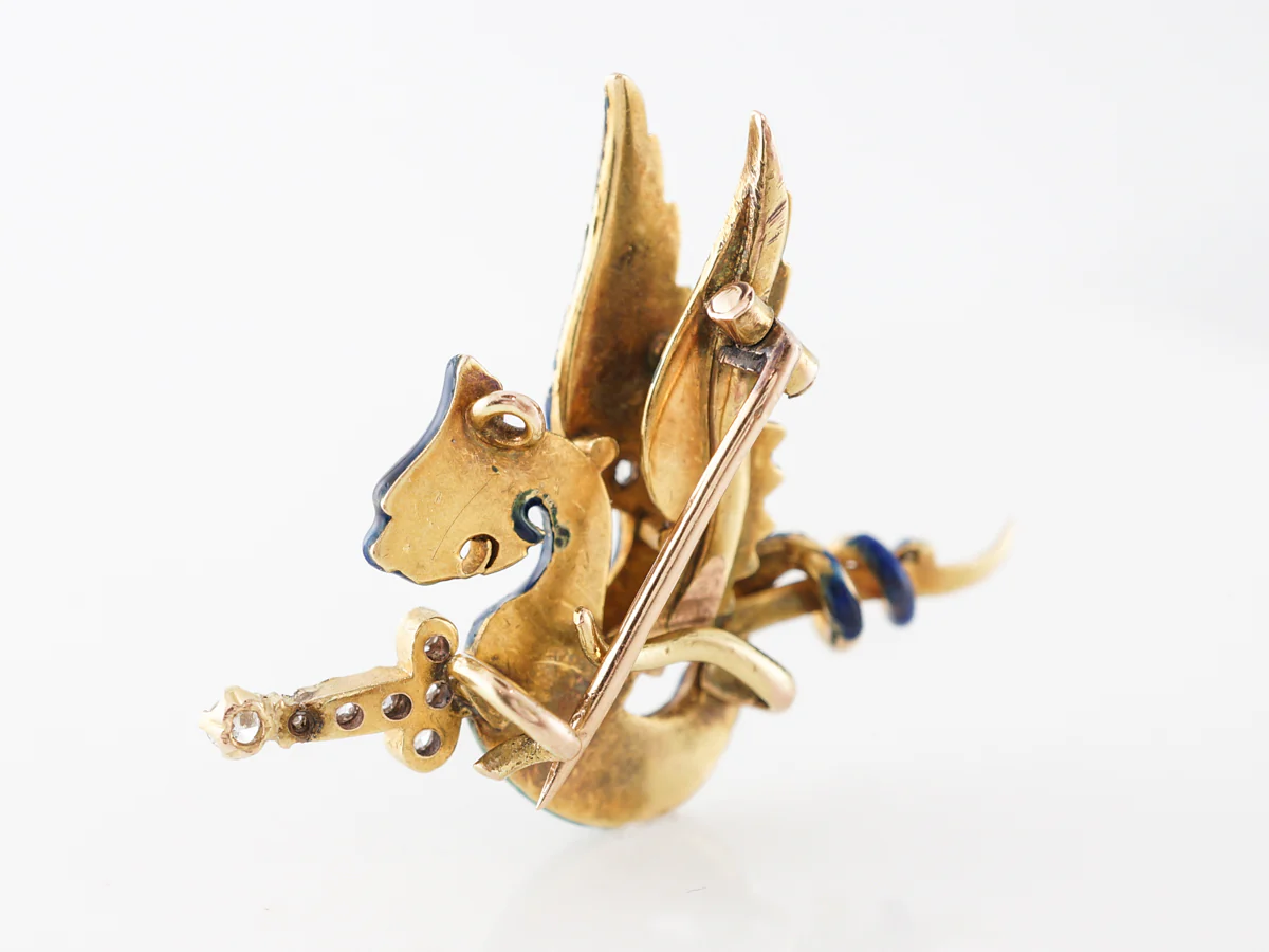 Victorian Enamel Dragon Pendant w/ Diamonds in Yellow Gold - Image 4