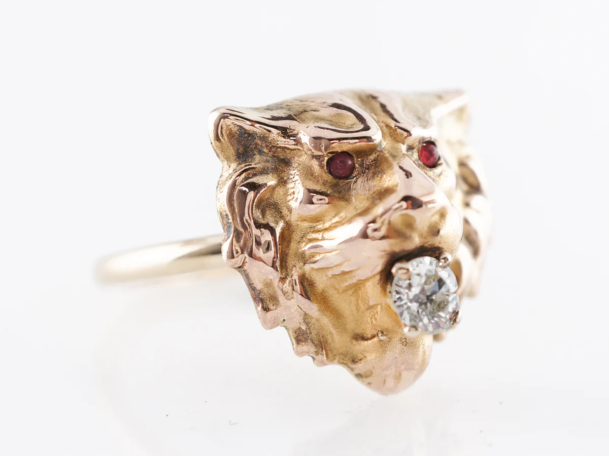Victorian Lion Cocktail Ring W/ Old Mine Cut Diamond & Rubies 14k - Image 3