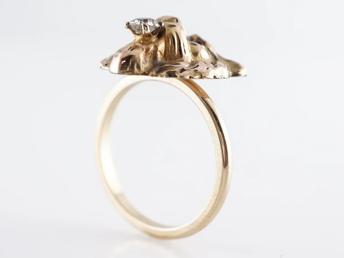 Victorian Lion Cocktail Ring W/ Old Mine Cut Diamond & Rubies 14k - Image 4