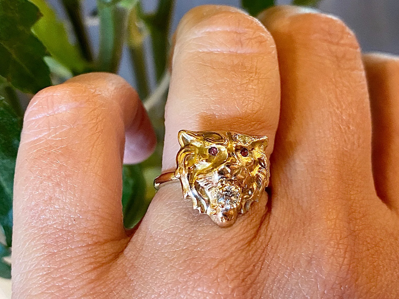 Victorian Lion Cocktail Ring W/ Old Mine Cut Diamond & Rubies 14k - Image 5
