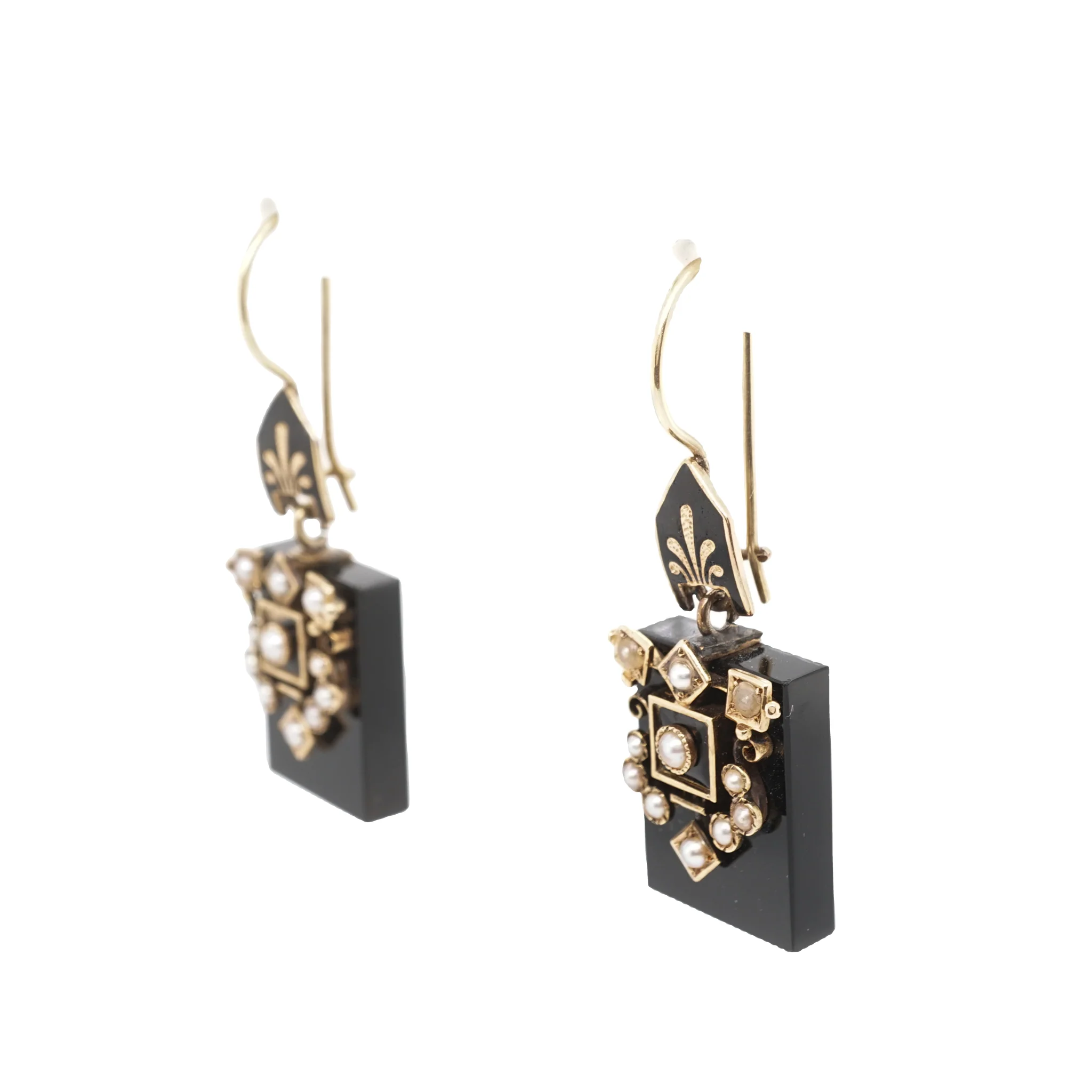 Victorian Onyx & Pearl Earrings in 14k Yellow Gold - Image 2
