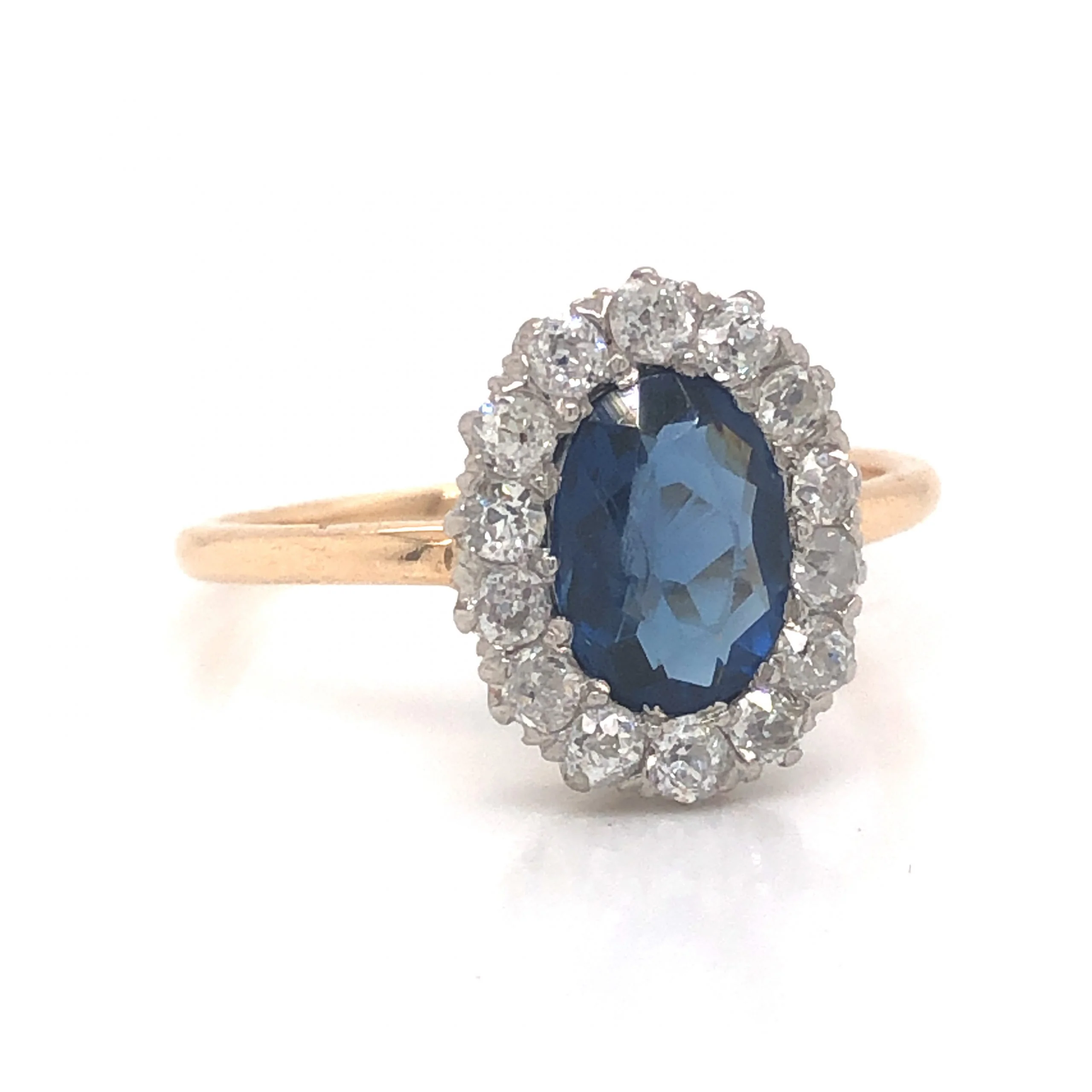 Victorian Oval Cut Sapphire & Diamond Ring in 14k Gold & Platinum - Image 3