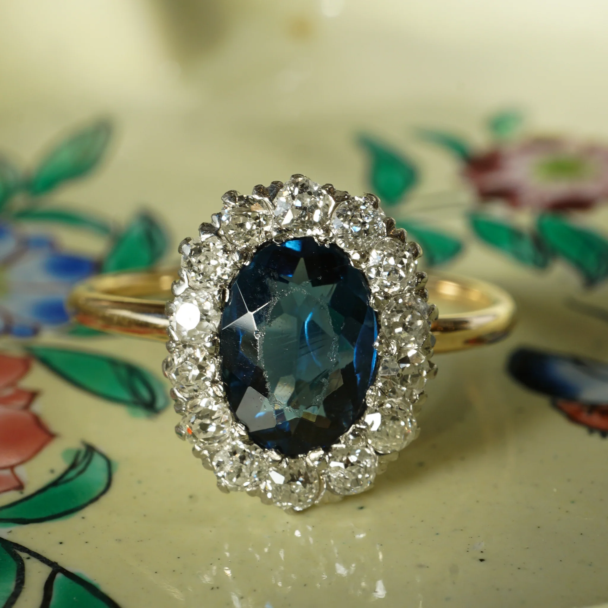 Victorian Oval Cut Sapphire & Diamond Ring in 14k Gold & Platinum - Image 6