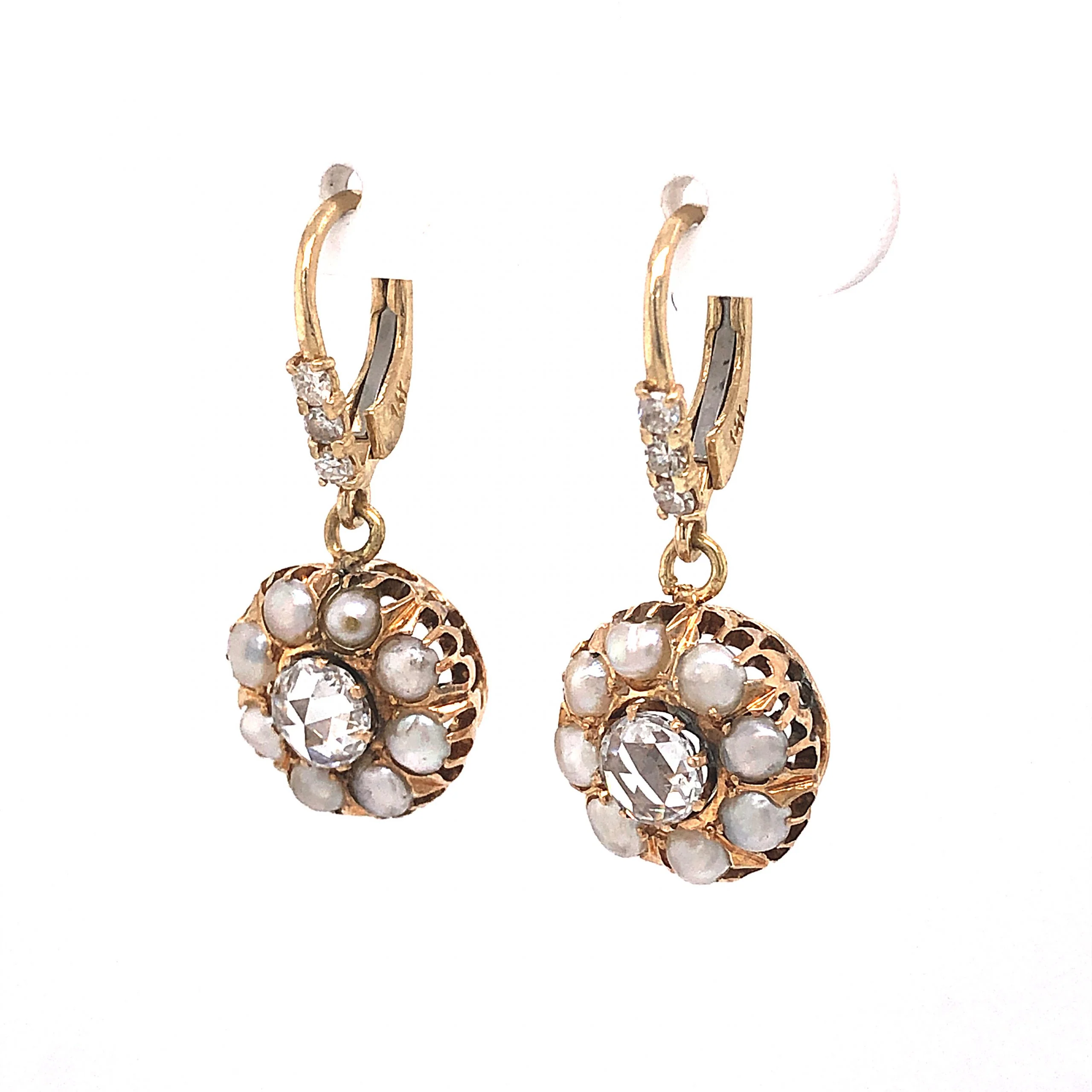 Victorian Pearl Halo Diamond Drop Earrings in 14k Yellow Gold - Image 2