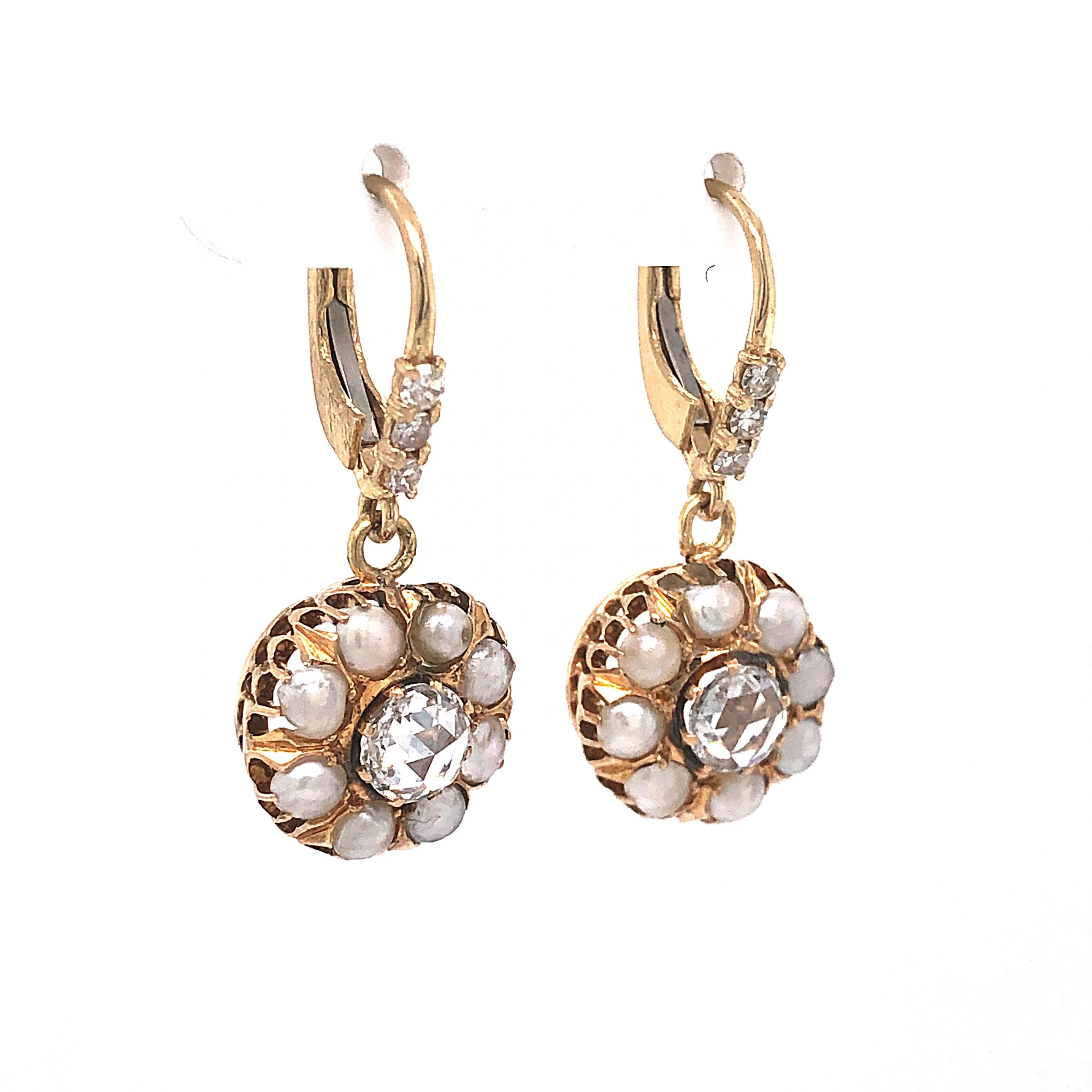 Victorian Pearl Halo Diamond Drop Earrings in 14k Yellow Gold - Image 3