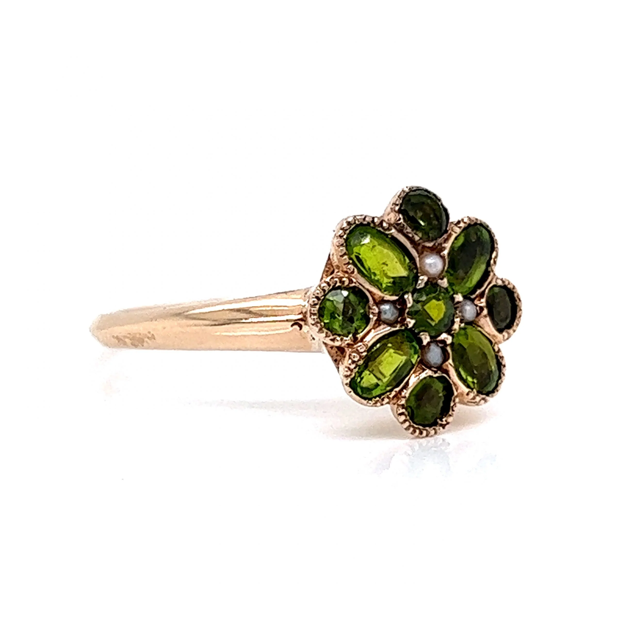 Victorian Peridot & Seed Pearl Flower Ring in 10k Yellow Gold - Image 3