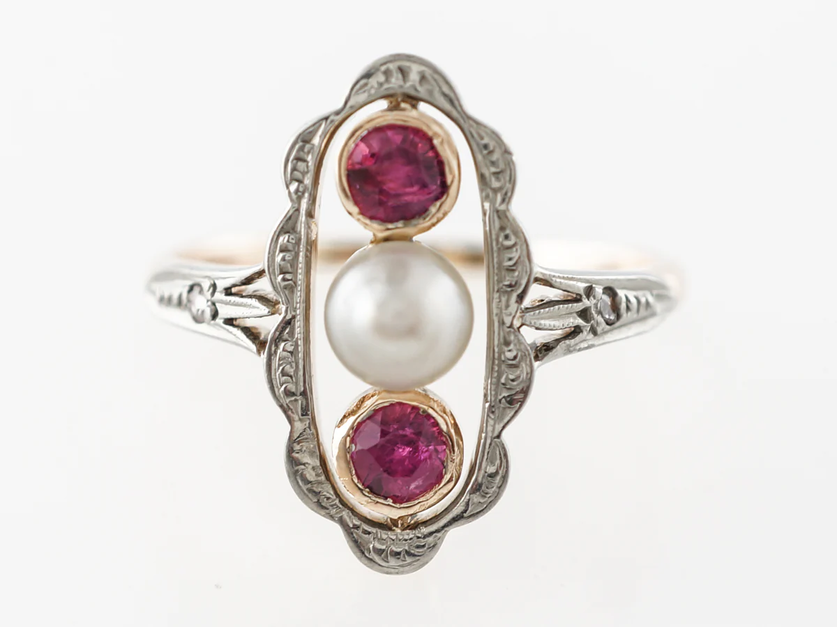 Victorian Ruby & Pearl Ring w/ Diamond Accents in Yellow Gold
