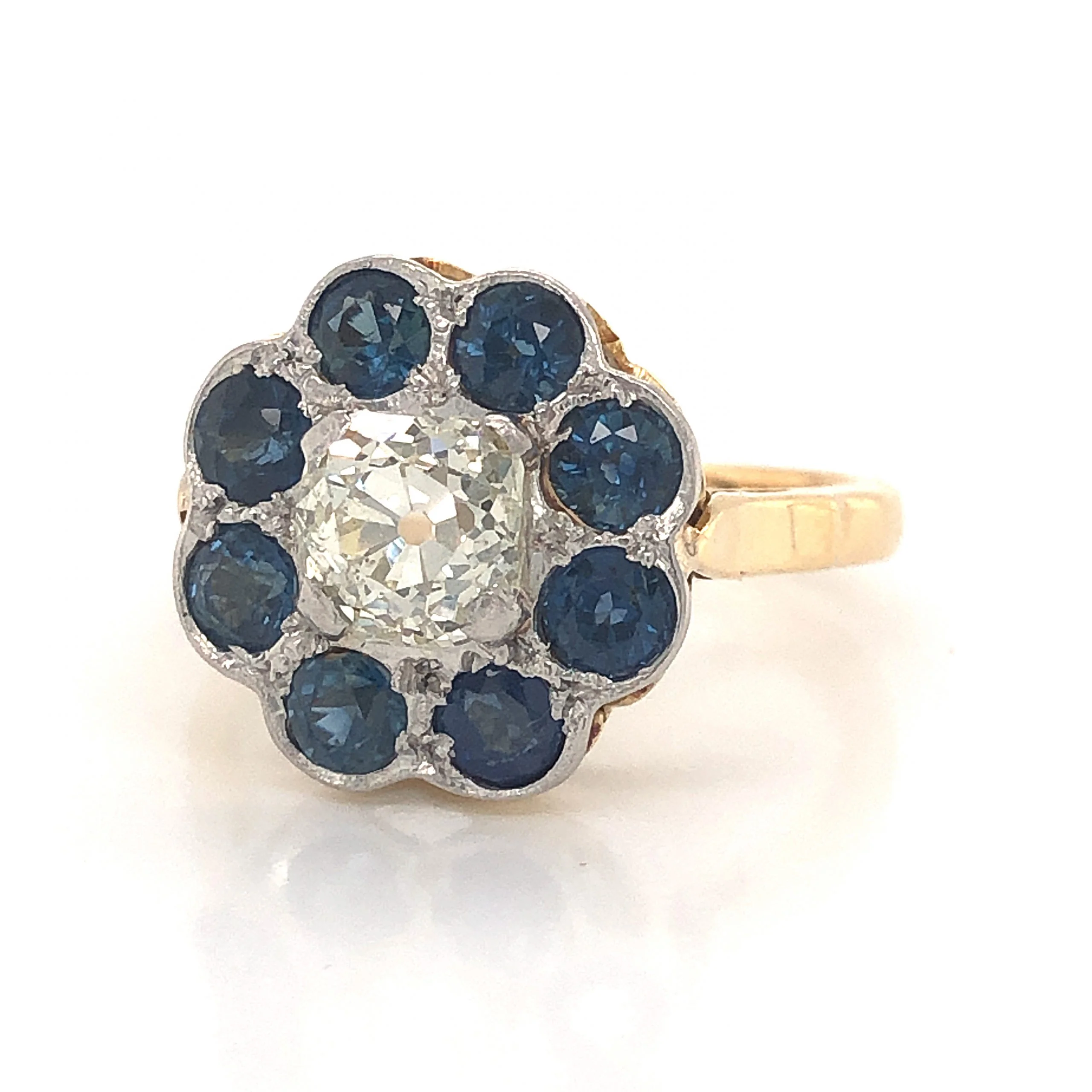 Victorian Sapphire Halo Diamond Engagement Ring in 18k & Platinum - Image 2