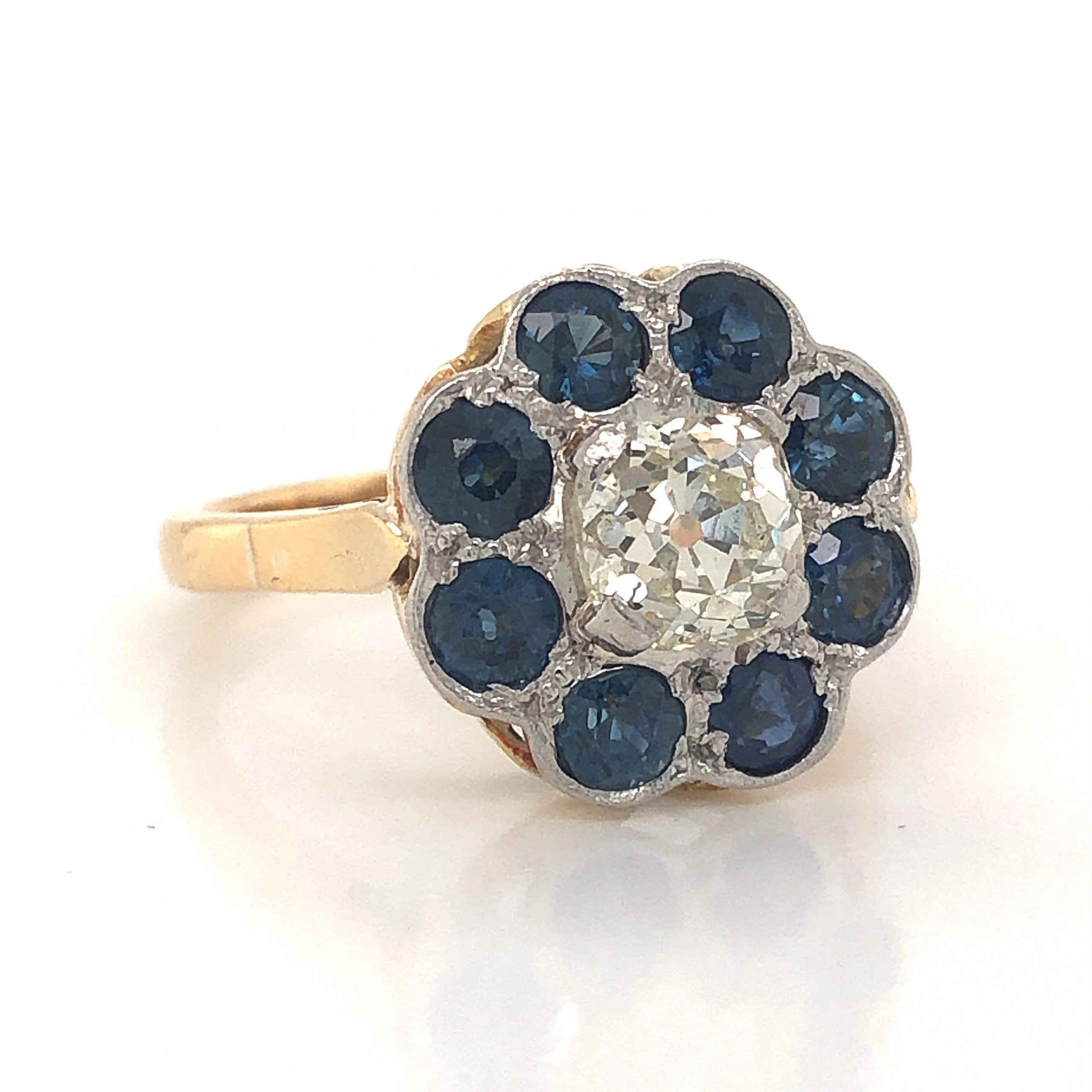 Victorian Sapphire Halo Diamond Engagement Ring in 18k & Platinum - Image 3