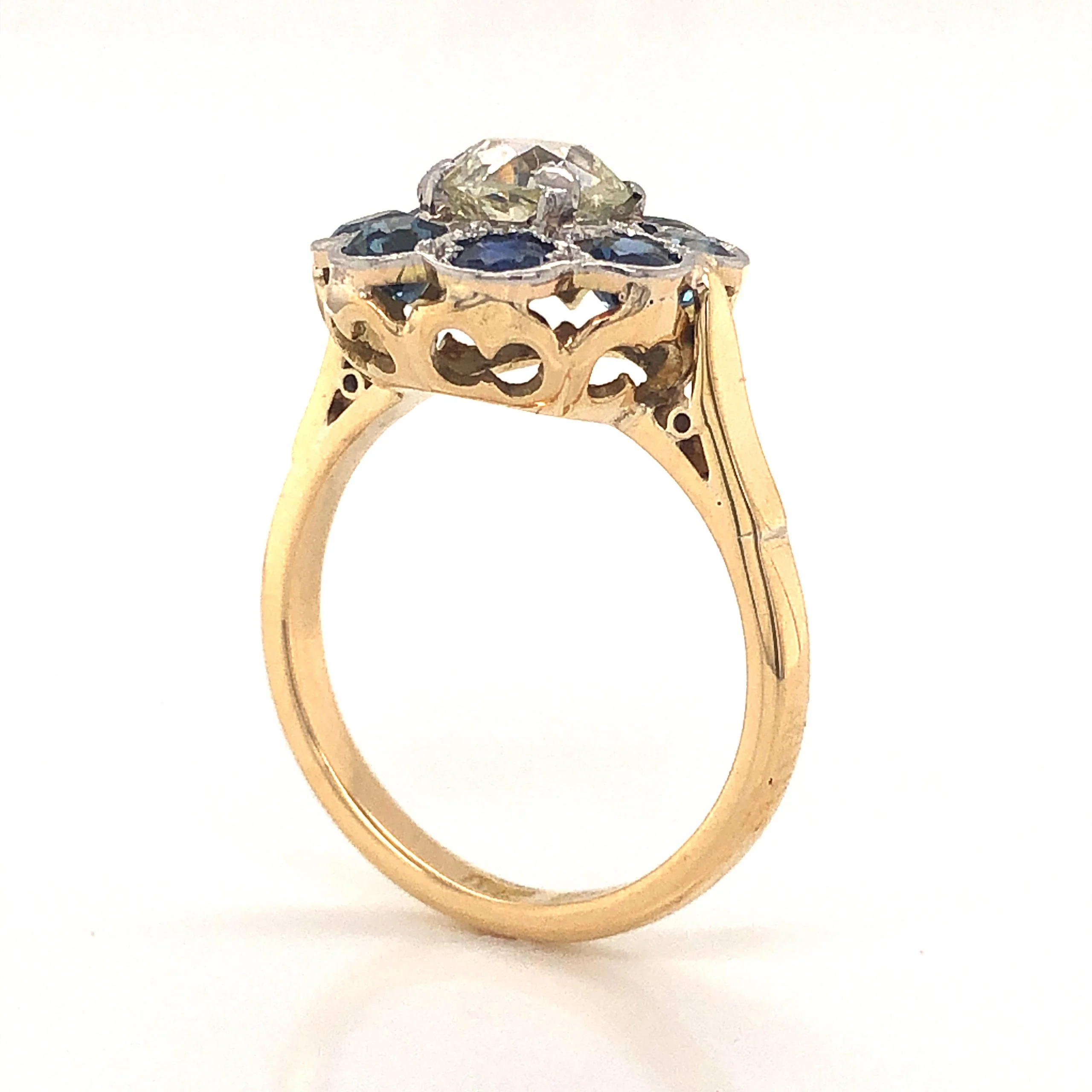Victorian Sapphire Halo Diamond Engagement Ring in 18k & Platinum - Image 5