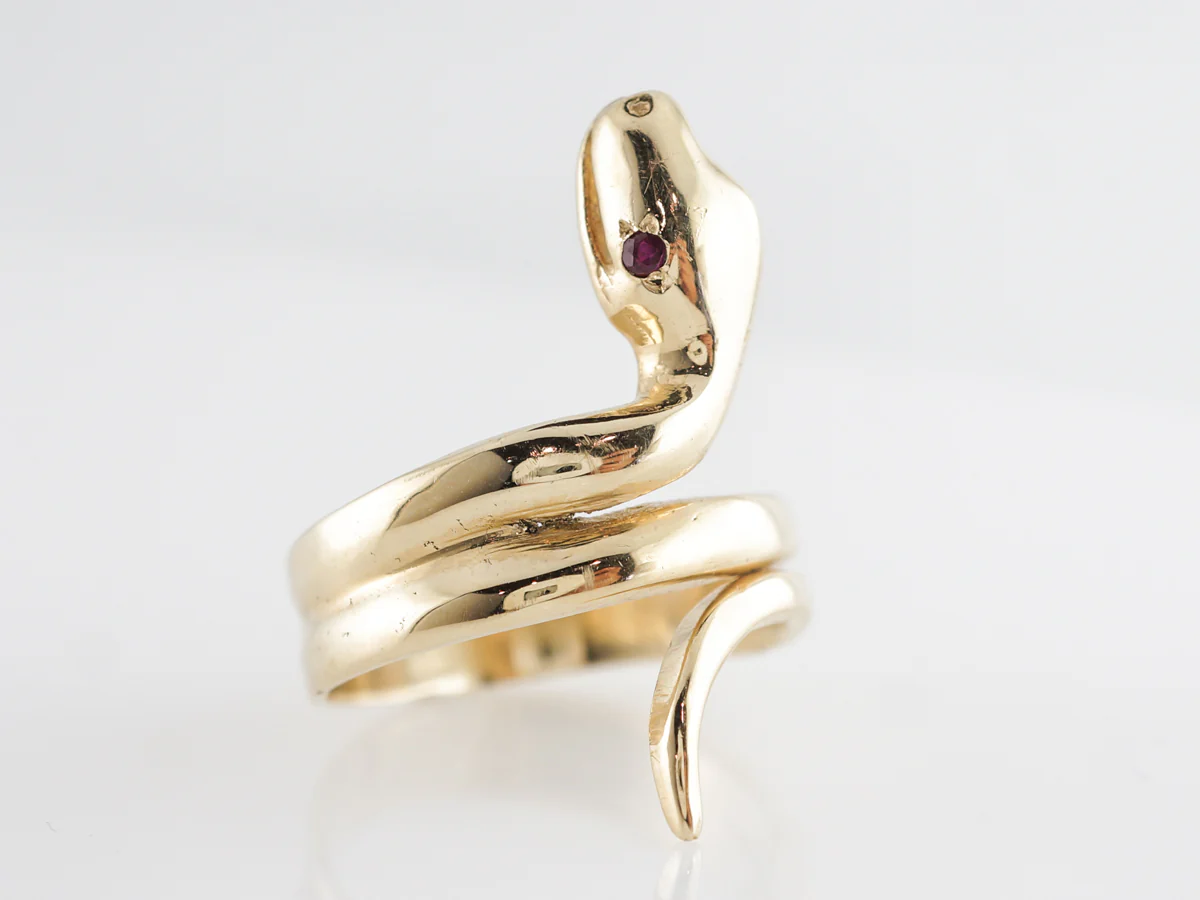 Victorian Snake Ring w/ Ruby Eyes in 14k Yellow Gold - Image 3