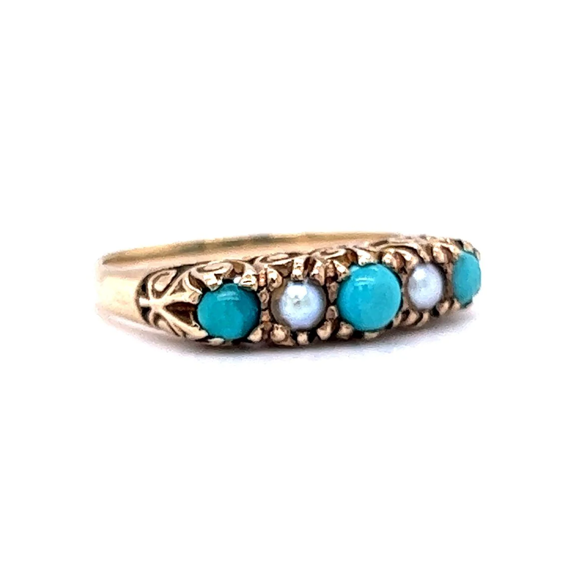 Victorian Turquoise and Pearl Ring in 9k Yellow Gold - Image 3