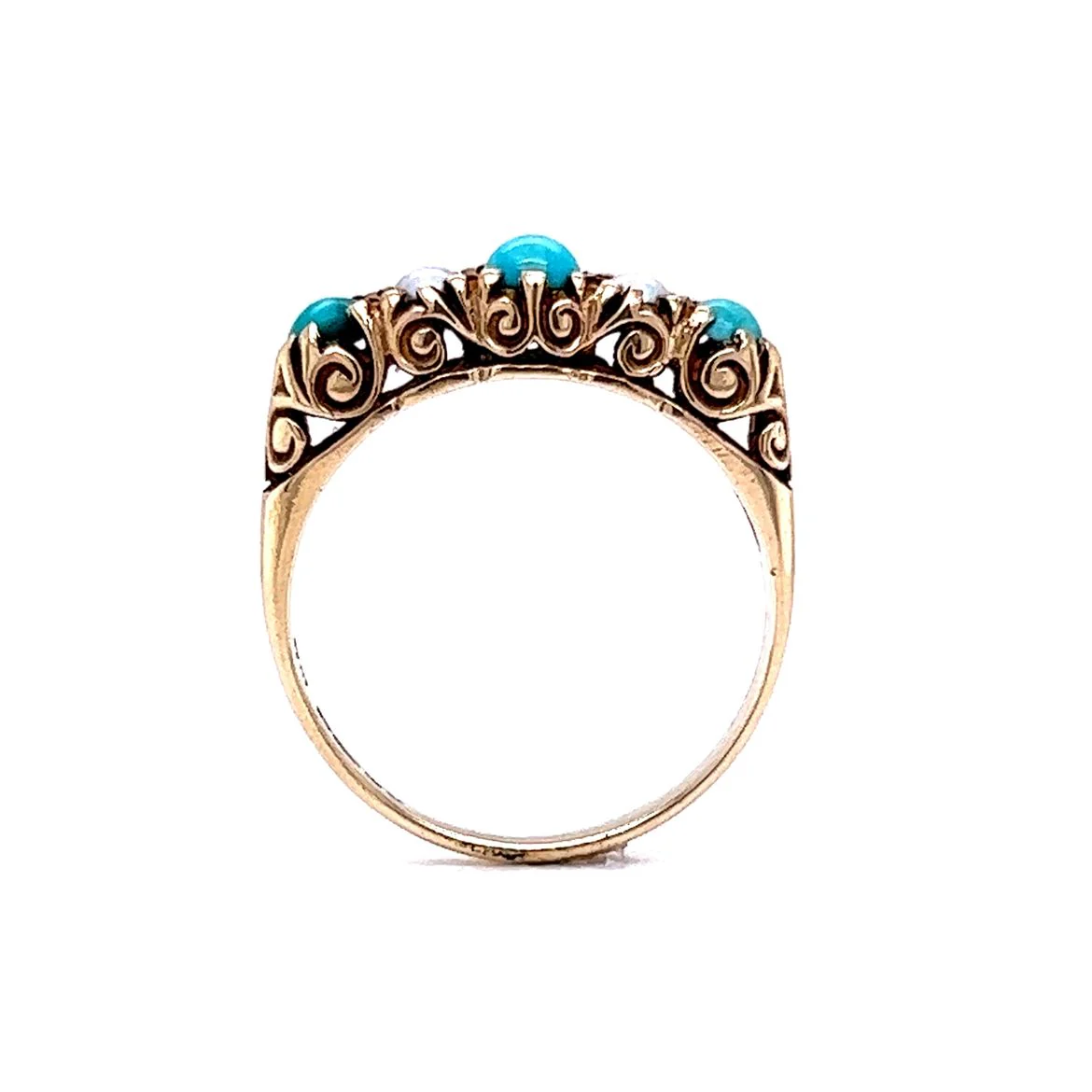 Victorian Turquoise and Pearl Ring in 9k Yellow Gold - Image 4