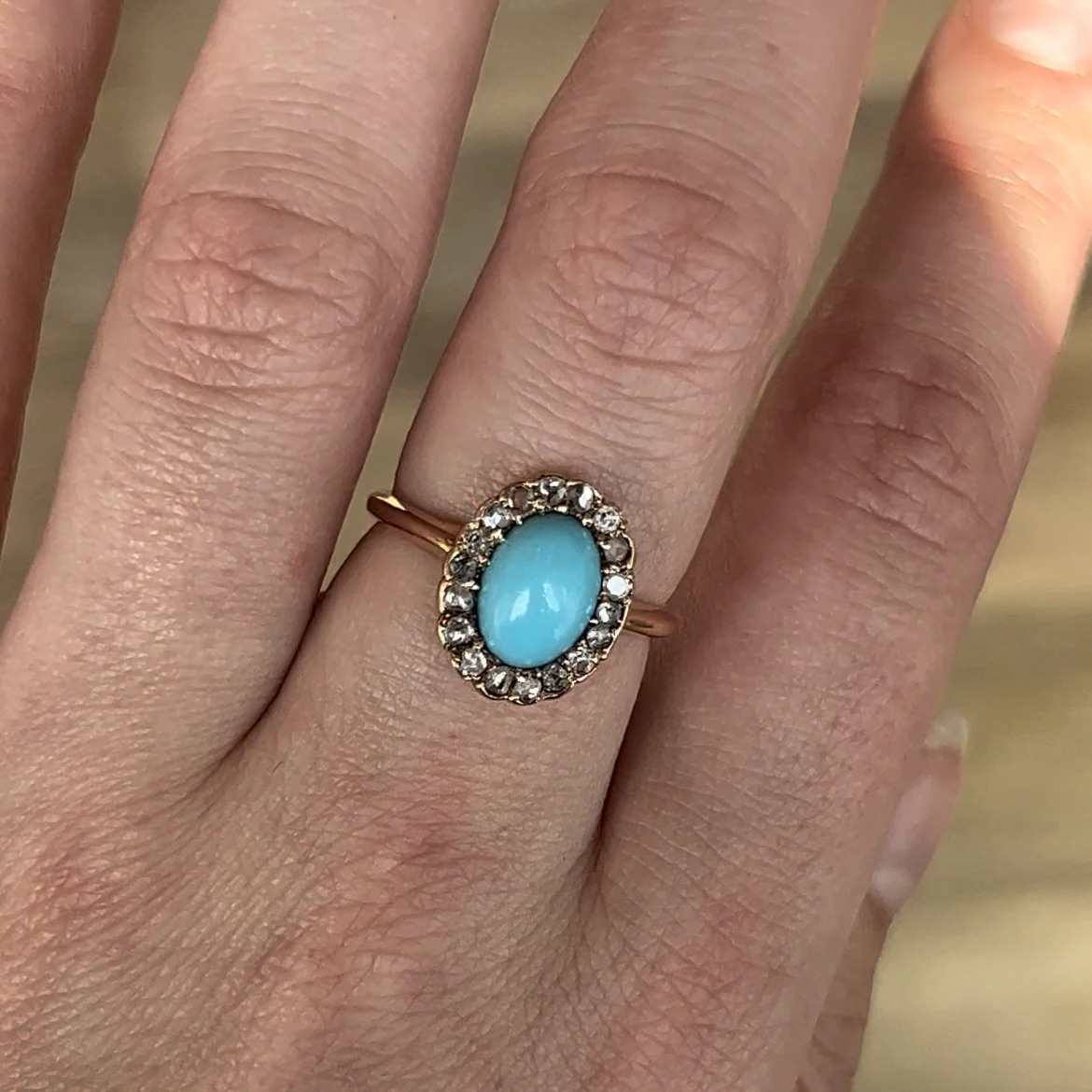 Victorian Turquoise & Diamond Halo Ring in 14k Yellow Gold - Image 6