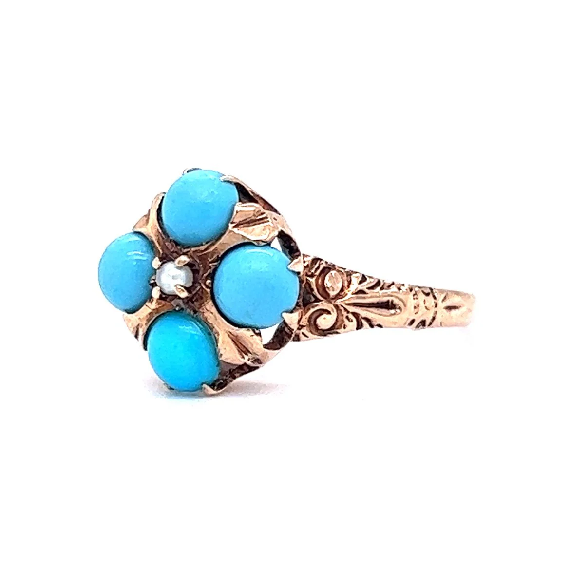 Victorian Turquoise & Pearl Cocktail Ring in 10k Gold - Image 2