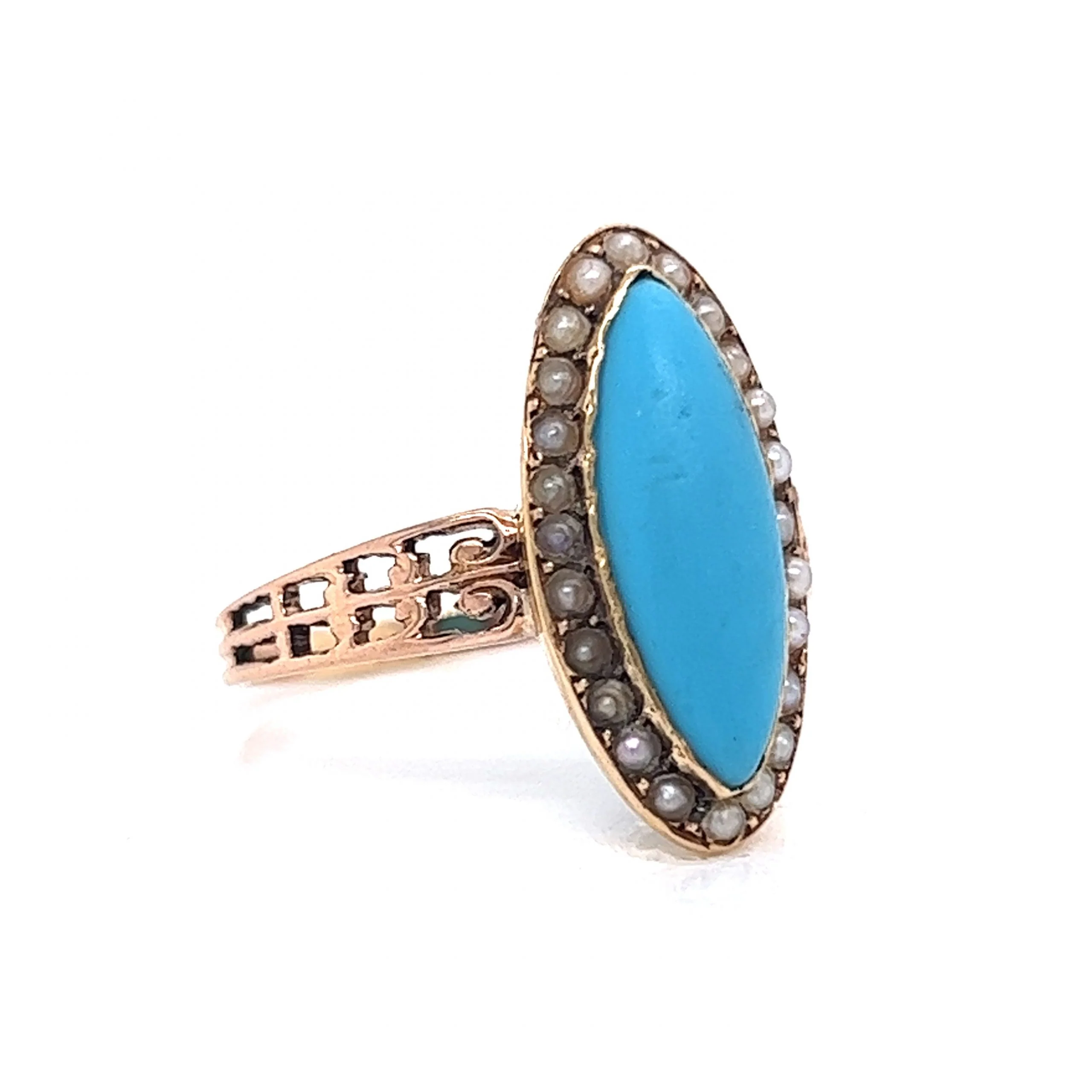 Victorian Turquoise & Seed Pearl Ring in 14k Yellow Gold - Image 3