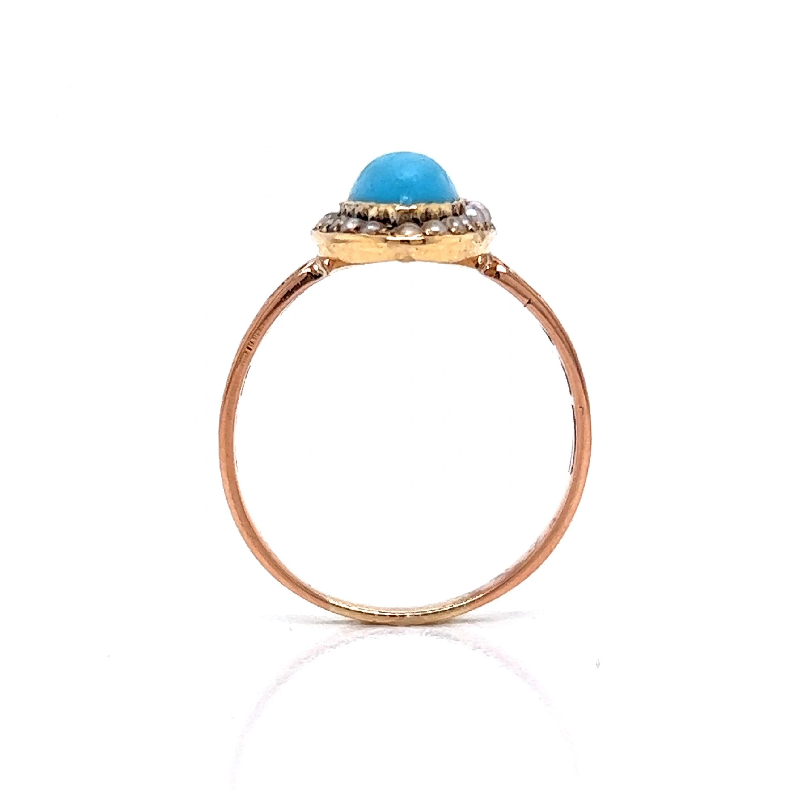 Victorian Turquoise & Seed Pearl Ring in 14k Yellow Gold - Image 4