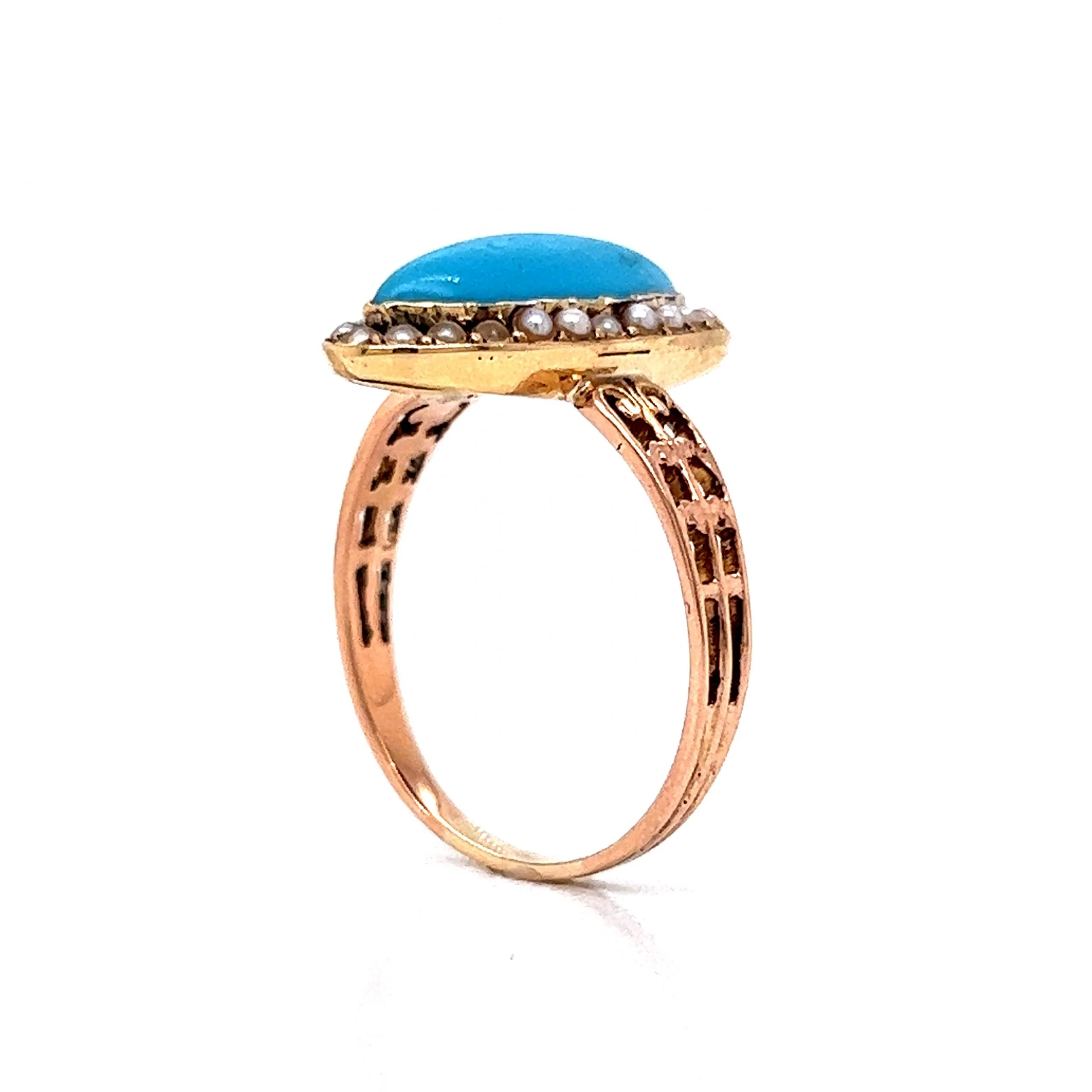 Victorian Turquoise & Seed Pearl Ring in 14k Yellow Gold - Image 5