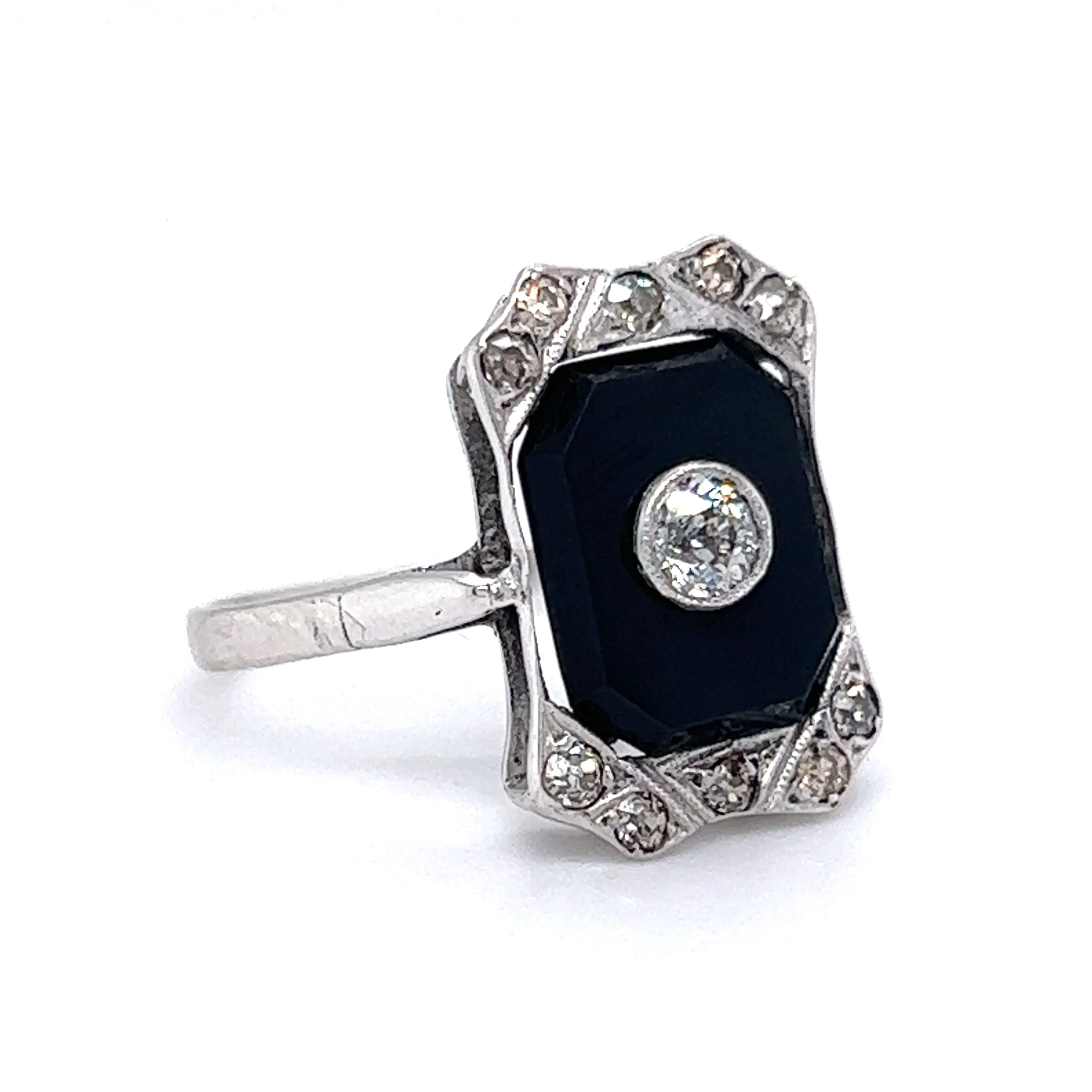 Vintage 1920's Onyx & Diamond Ring in 14k White Gold - Image 3