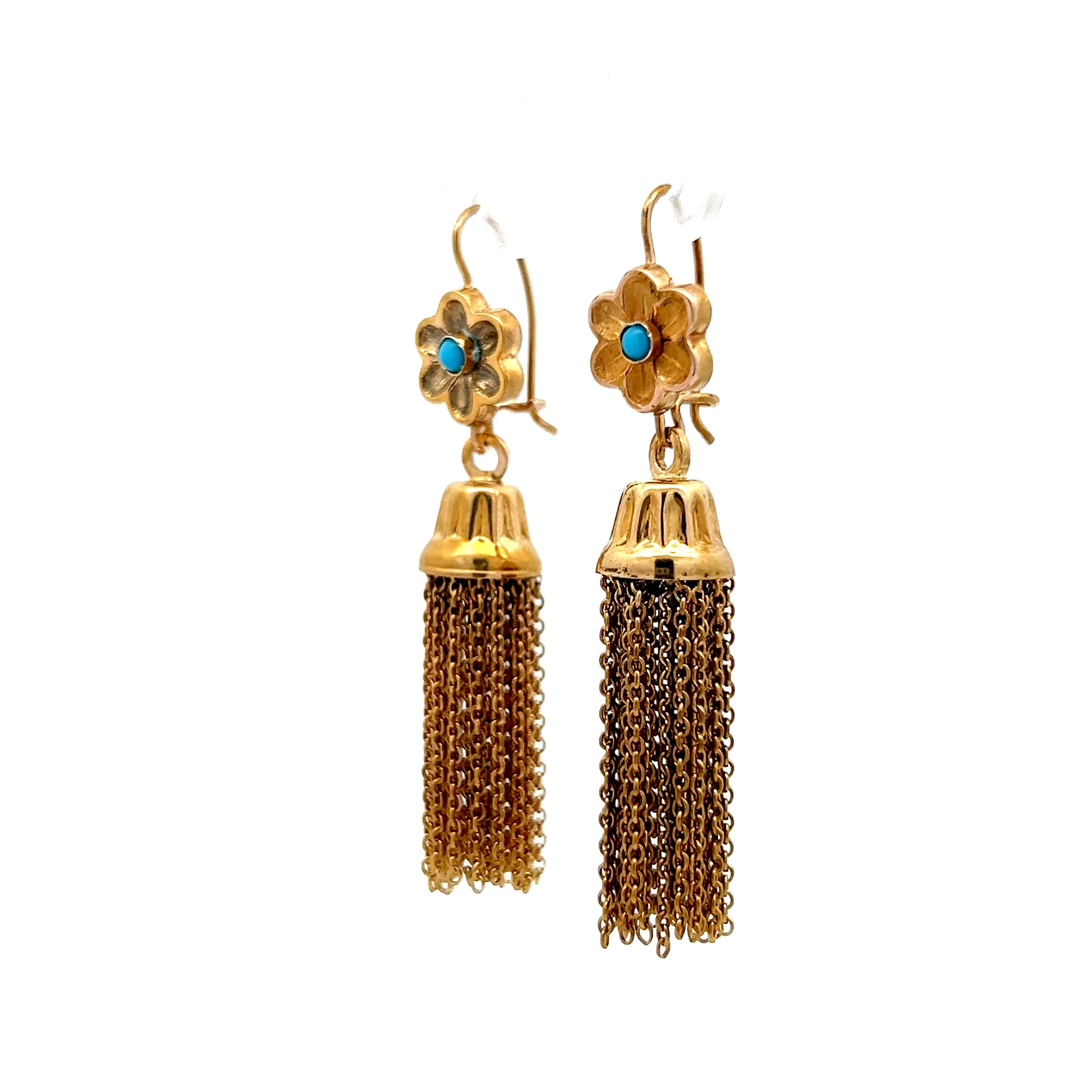 Vintage 1950's Turquoise Tassel Earrings in 14k - Image 2