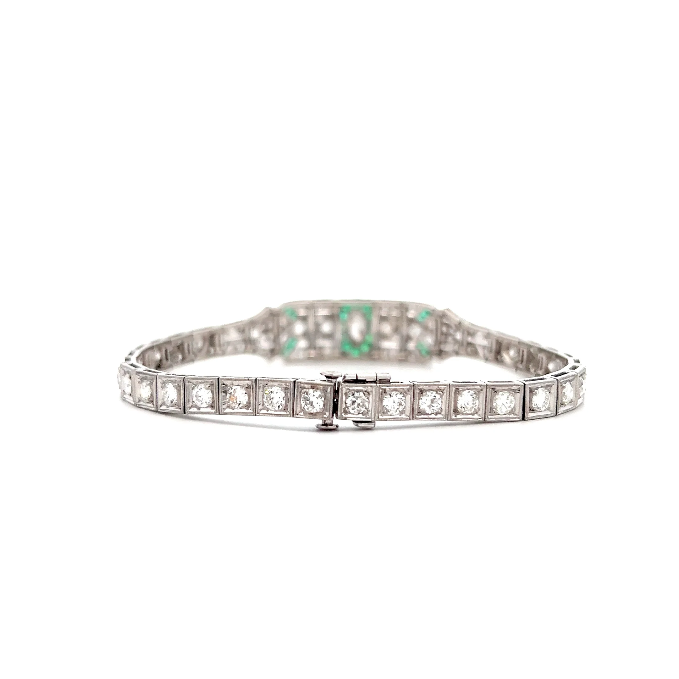 Vintage Art Deco Emerald & Diamond Bracelet in Platinum - Image 4