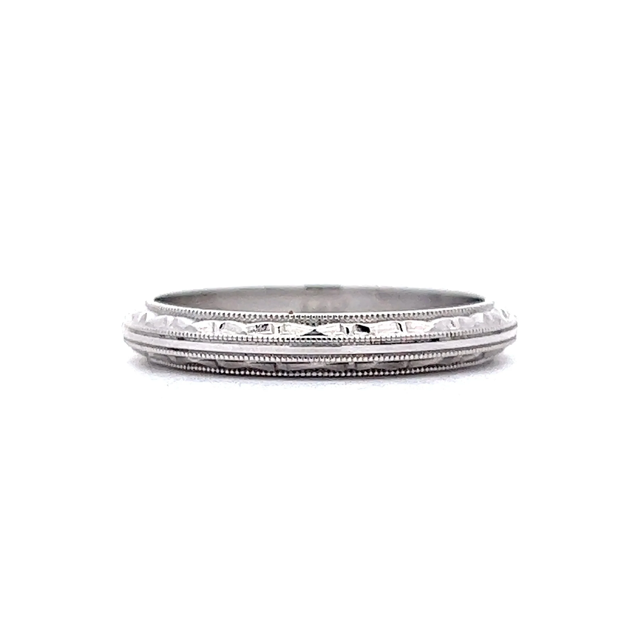 Vintage Art Deco Milgrain Wedding Band in 14K White Gold