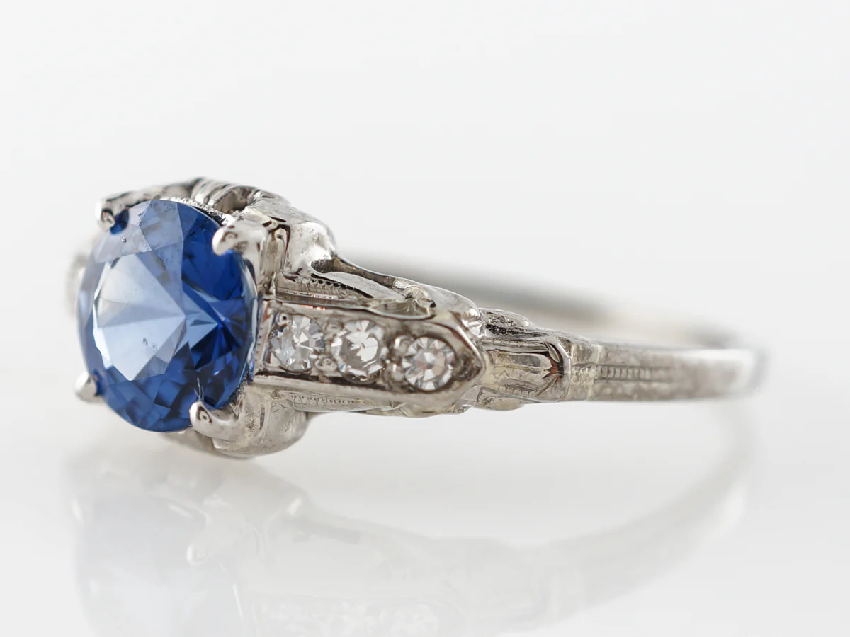 Vintage Art Deco Sapphire & Diamond Engagement Ring 18k White Gold - Image 2