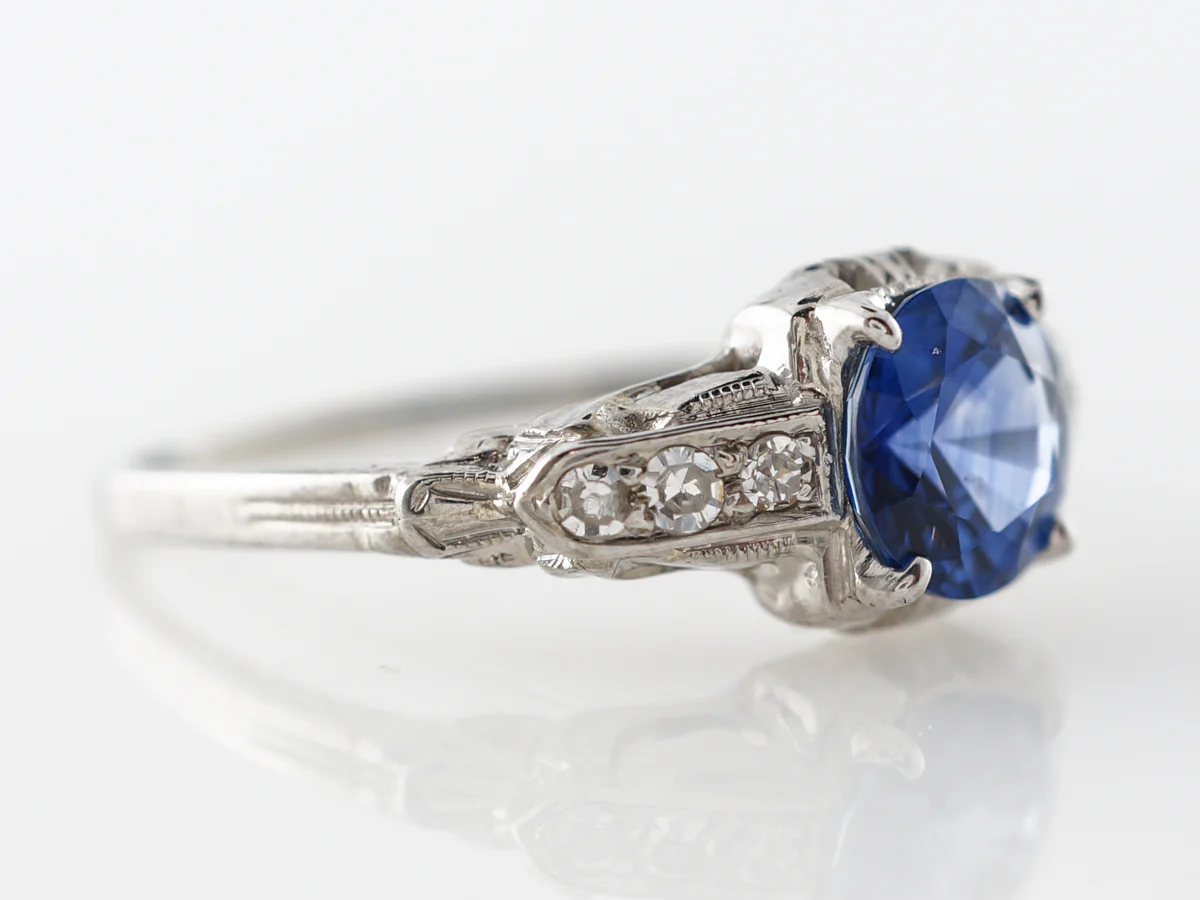 Vintage Art Deco Sapphire & Diamond Engagement Ring 18k White Gold - Image 3