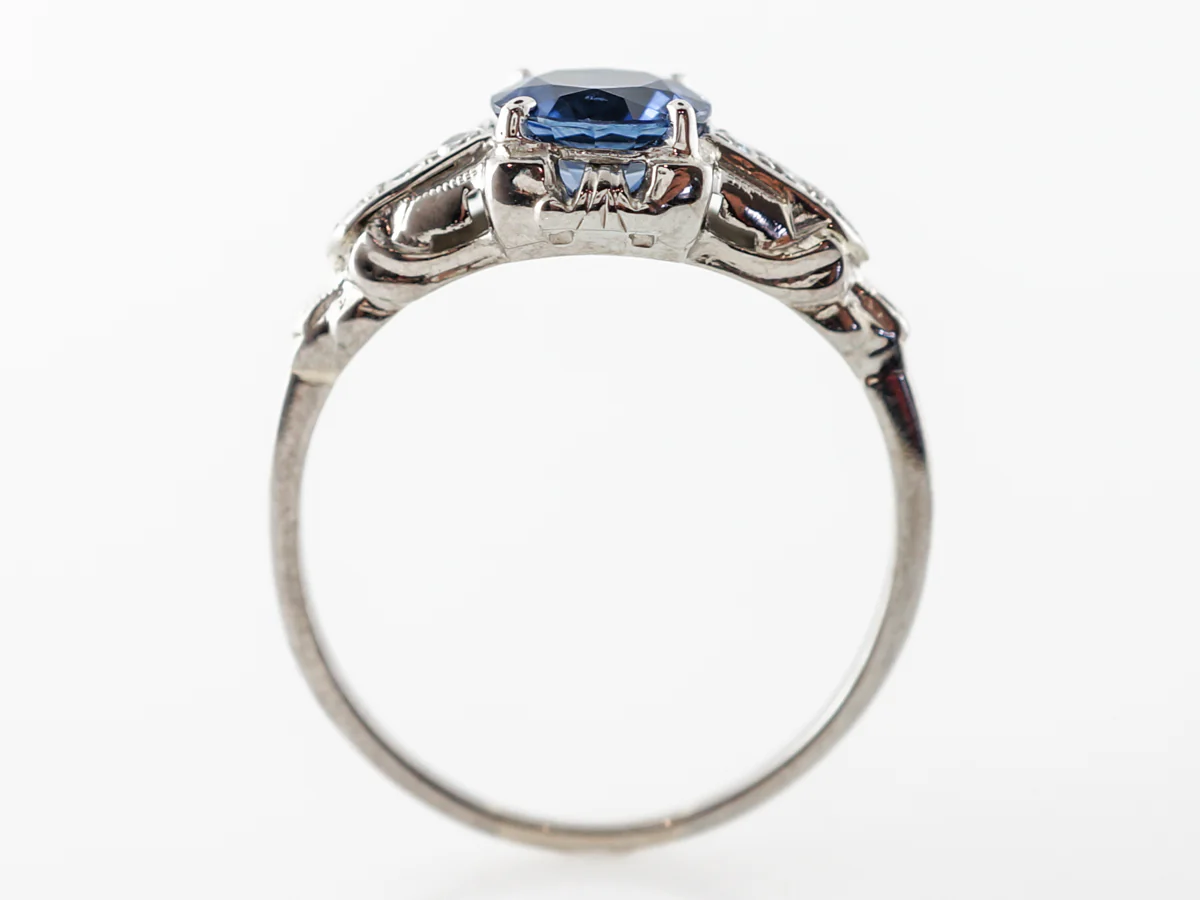 Vintage Art Deco Sapphire & Diamond Engagement Ring 18k White Gold - Image 4