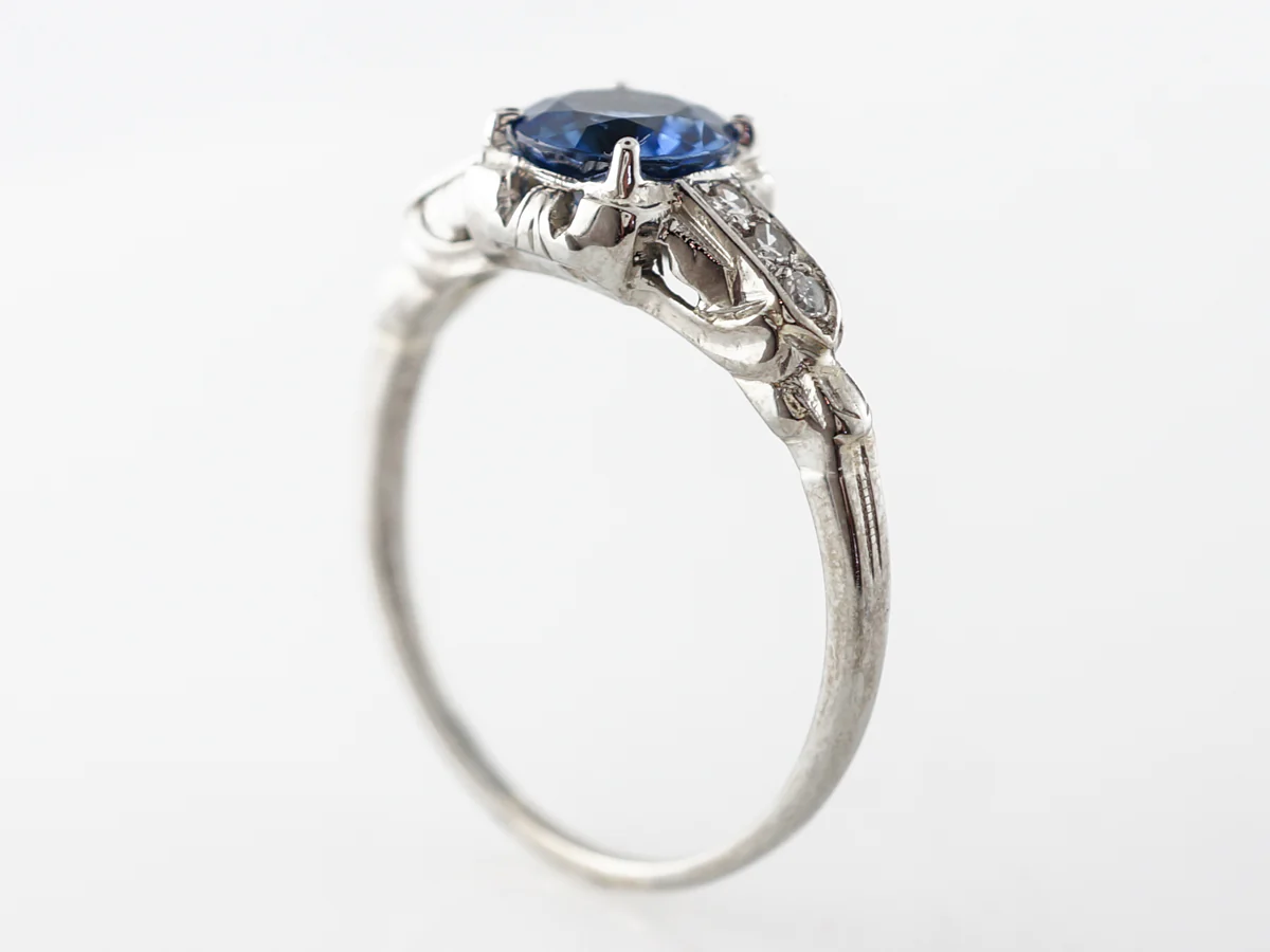 Vintage Art Deco Sapphire & Diamond Engagement Ring 18k White Gold - Image 5