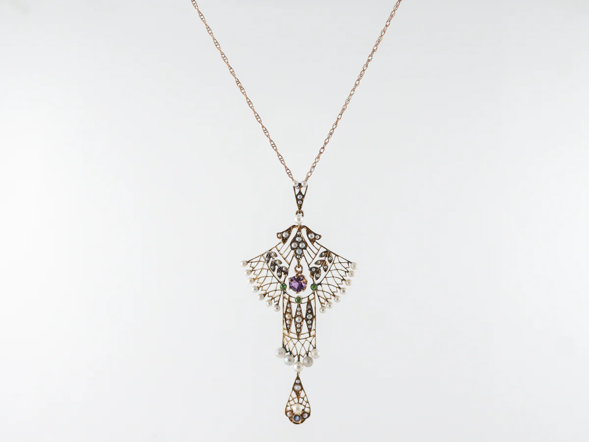 Vintage Art Nouveau Necklace w/ Amethyst & Seed Pearls in Rose Gold - Image 2