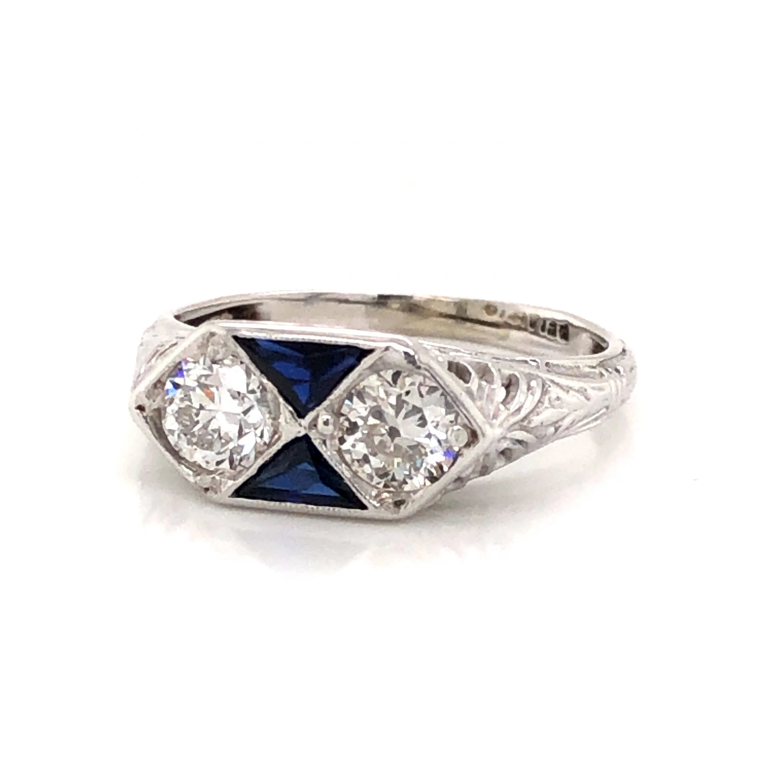 Vintage Belais Diamond & Sapphire Engagement in 18k White Gold - Image 2