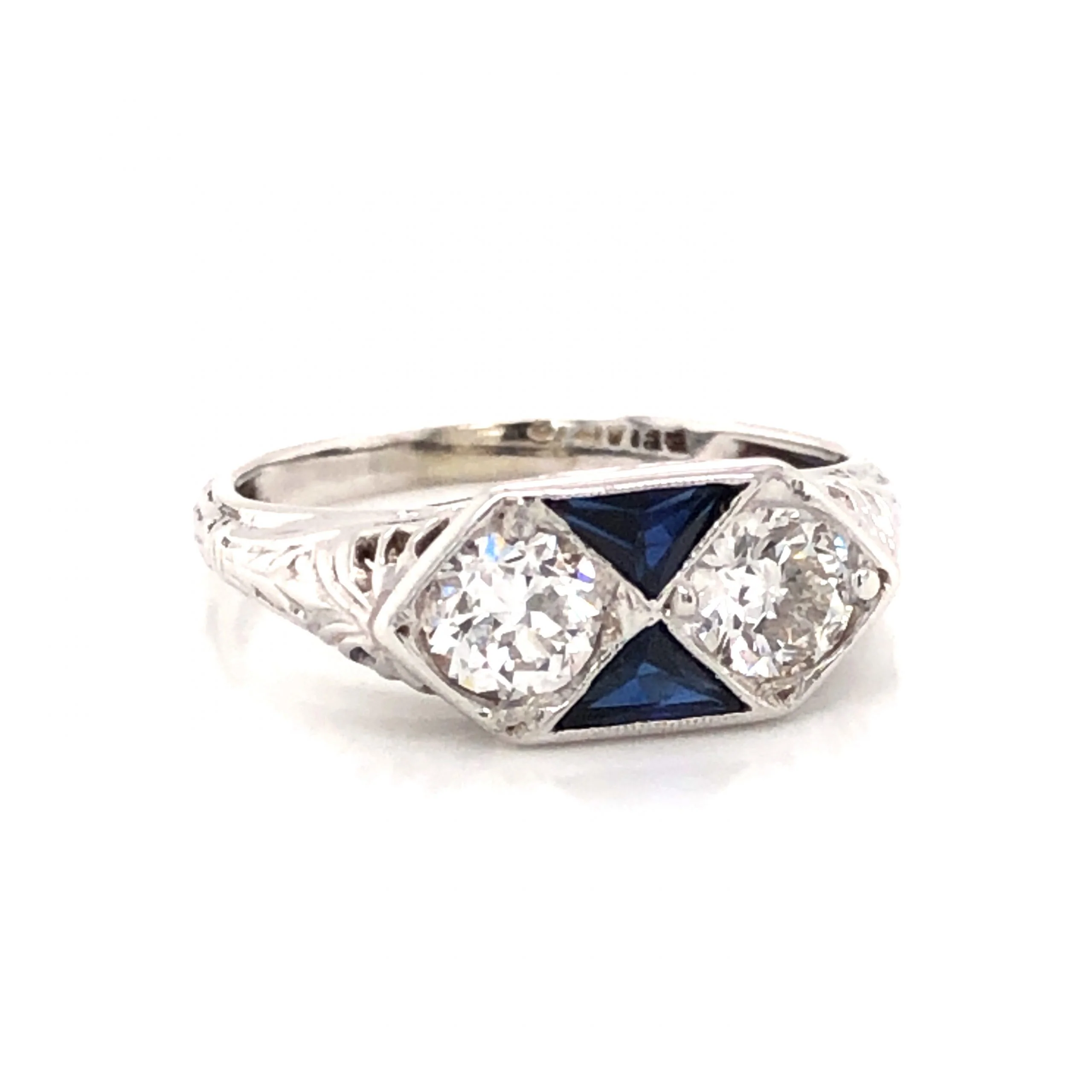 Vintage Belais Diamond & Sapphire Engagement in 18k White Gold - Image 3